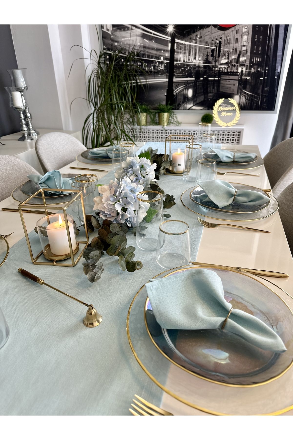 Keten Dokulu Simli Mint Yeşili Uzun Runner