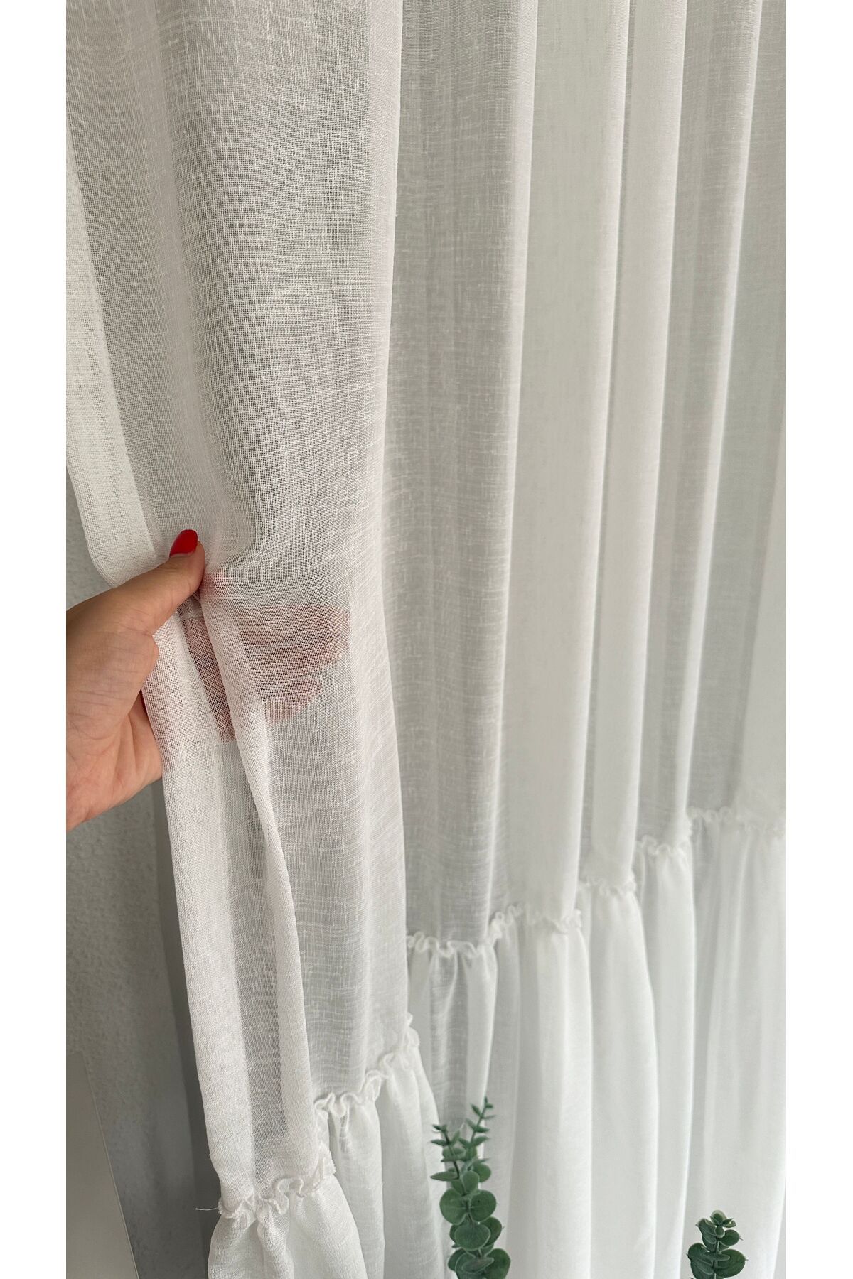 Beyaz Vintage Keten Fırfırlı Tül Perde