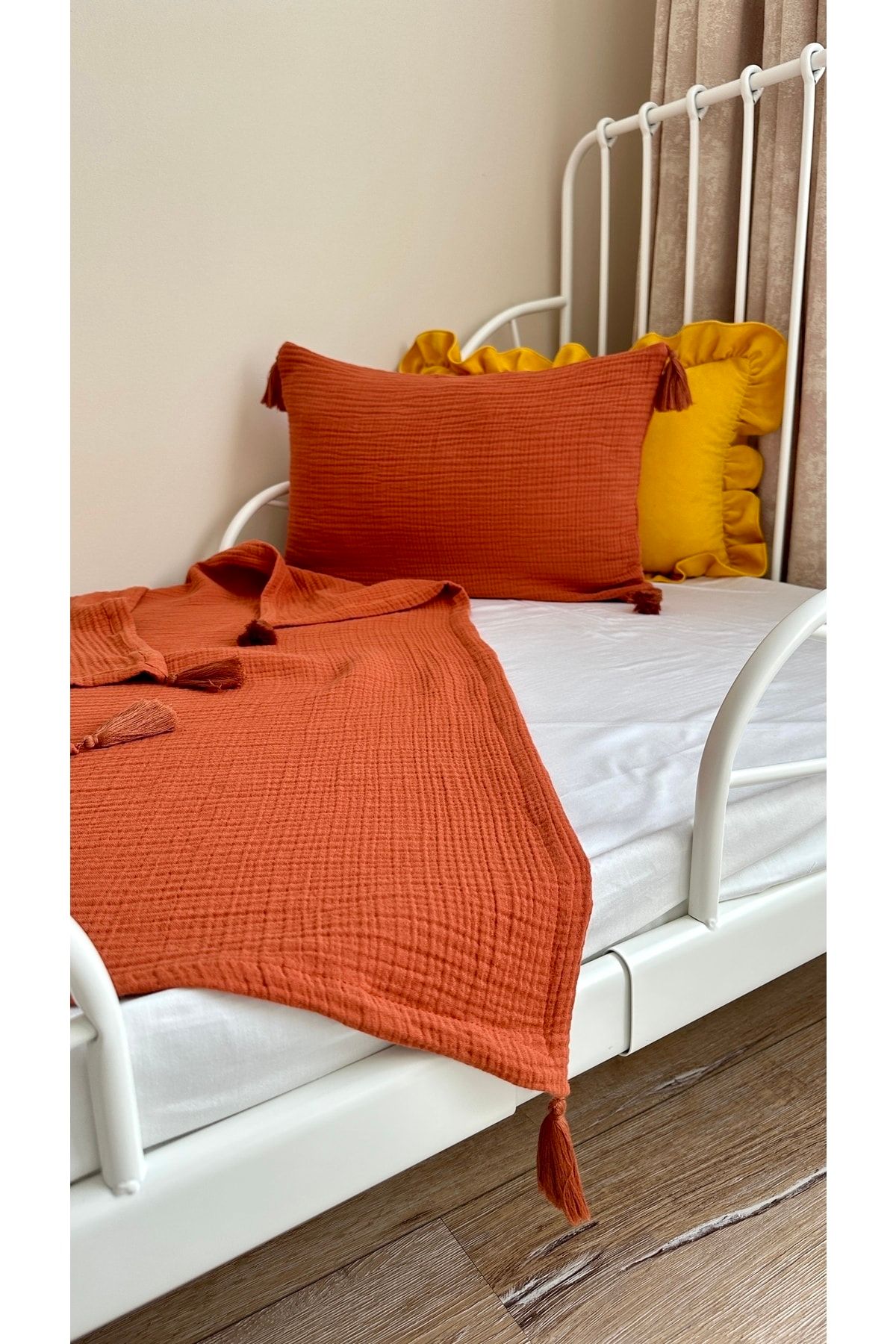 Kiremit 100% Pamuk 4 Katlı Müslin Battaniye Kırlent Set Kiremit Püskül Bebek Ve Çocuk Müslin Örtüsü