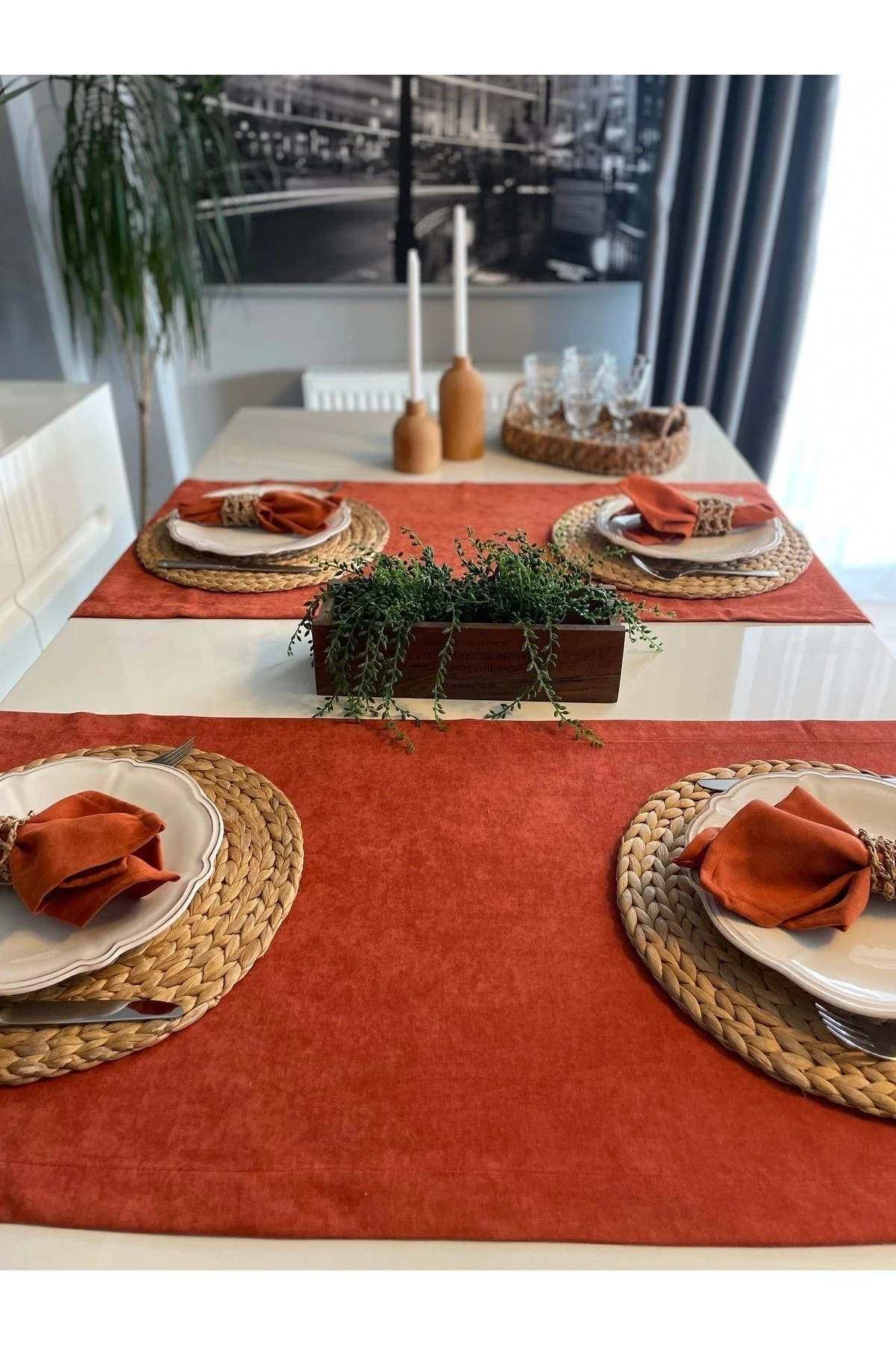 Kadife Dokulu Dertsiz Kiremit Tarçın Runner 1 Ad