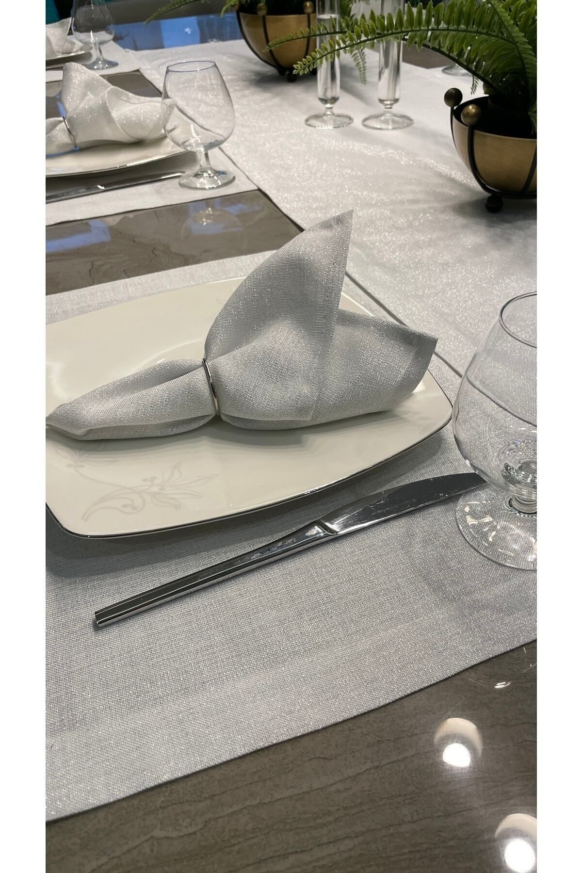 Linen Gümüş Simli Beyaz Amerikan Servis Ve Runner Set
