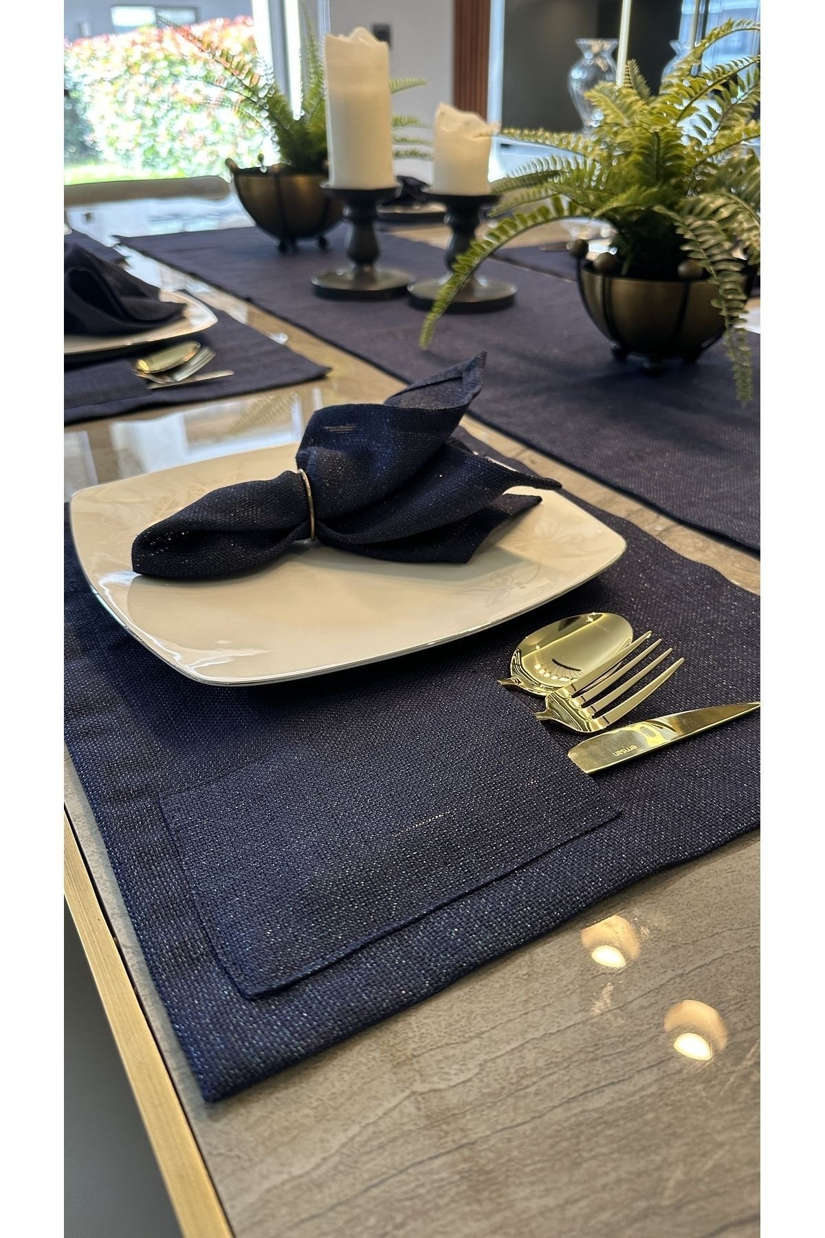 Linen Dertsiz Leke Tutmaz Simli Lacivert Amerikan Runner Set Kaşıklıklı Amerikan Servis