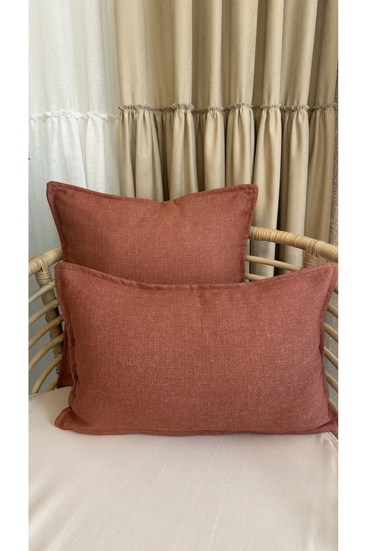 Kiremit Rengi Keten Dokulu Kırlent Kılıfı 1 ad