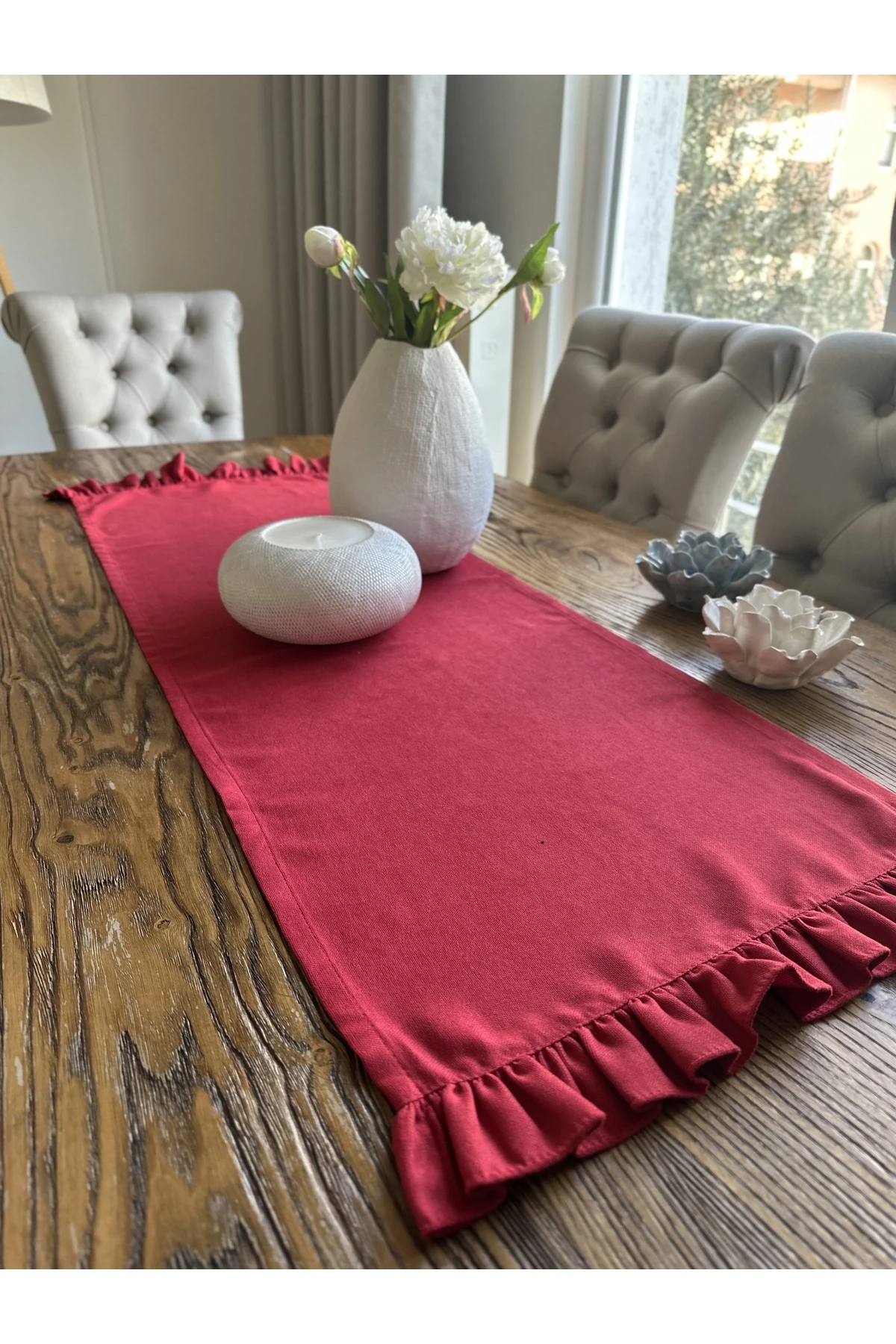 Vintage Tek Kat Fırfırlı Kırmızı Runner Yeni Yıl Runner Yılbaşı Leke Tutmaz