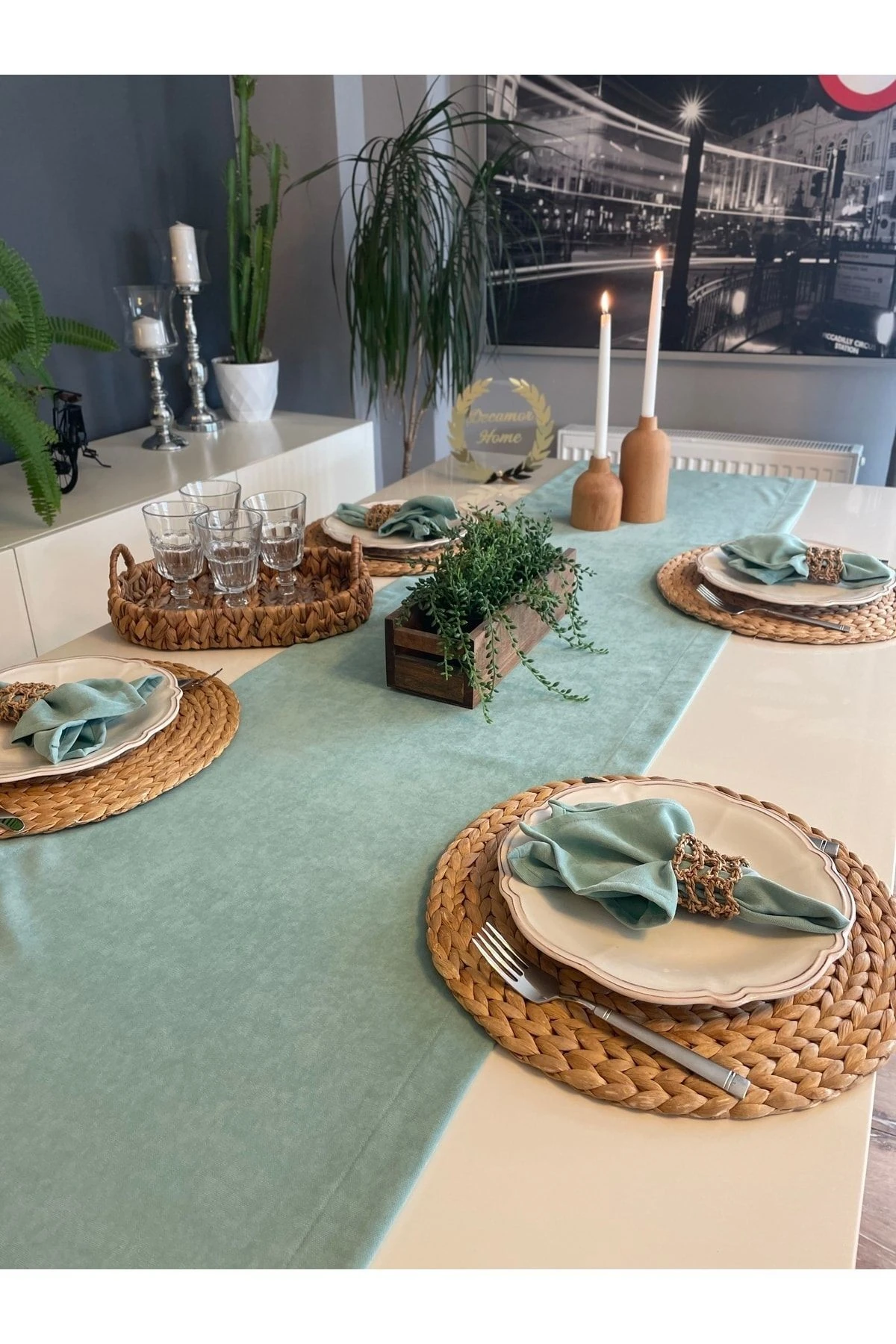 Kadife Dokulu Dertsiz Mint Yeşili Runner