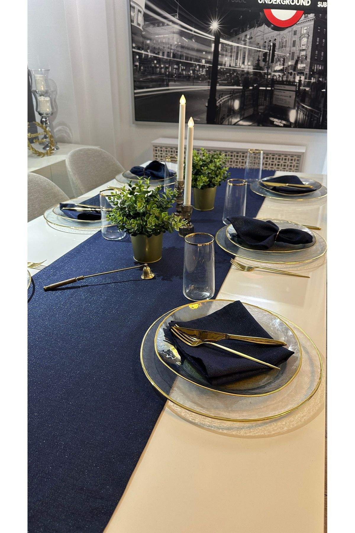 Keten Dokulu Simli Lacivert Uzun Runner