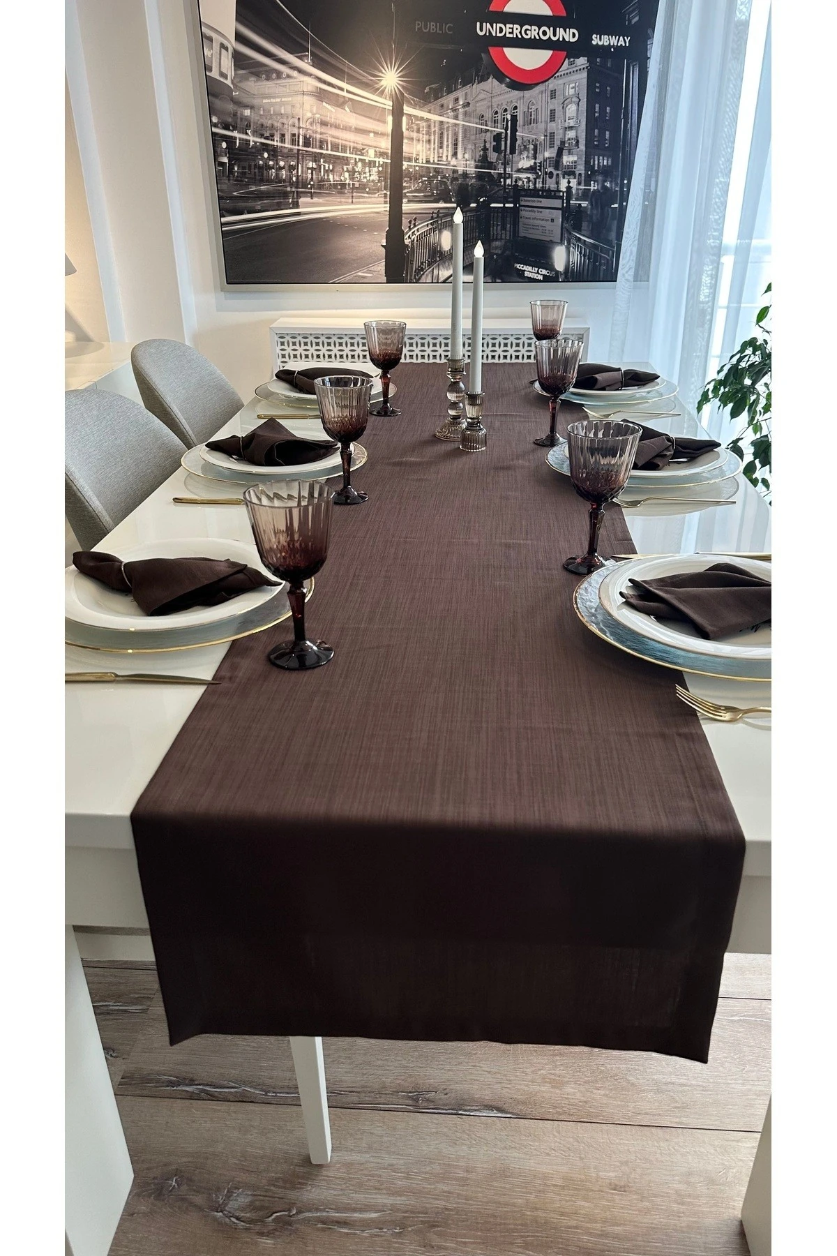 Keten Dokulu Dertsiz Kahverengi Runner