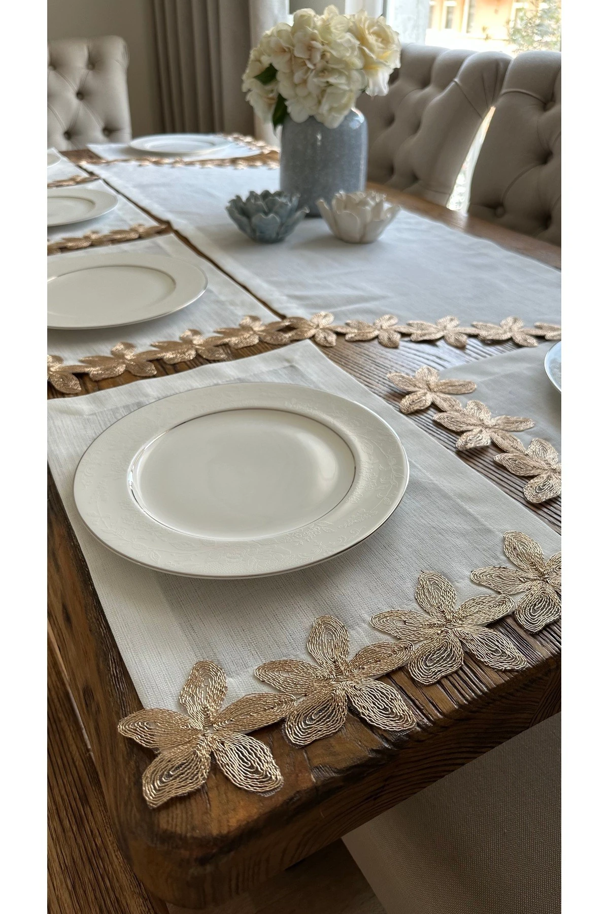 Bakır Dantel Detaylı Beyaz Amerikan Servis Seti 6 kişilik 7 prç