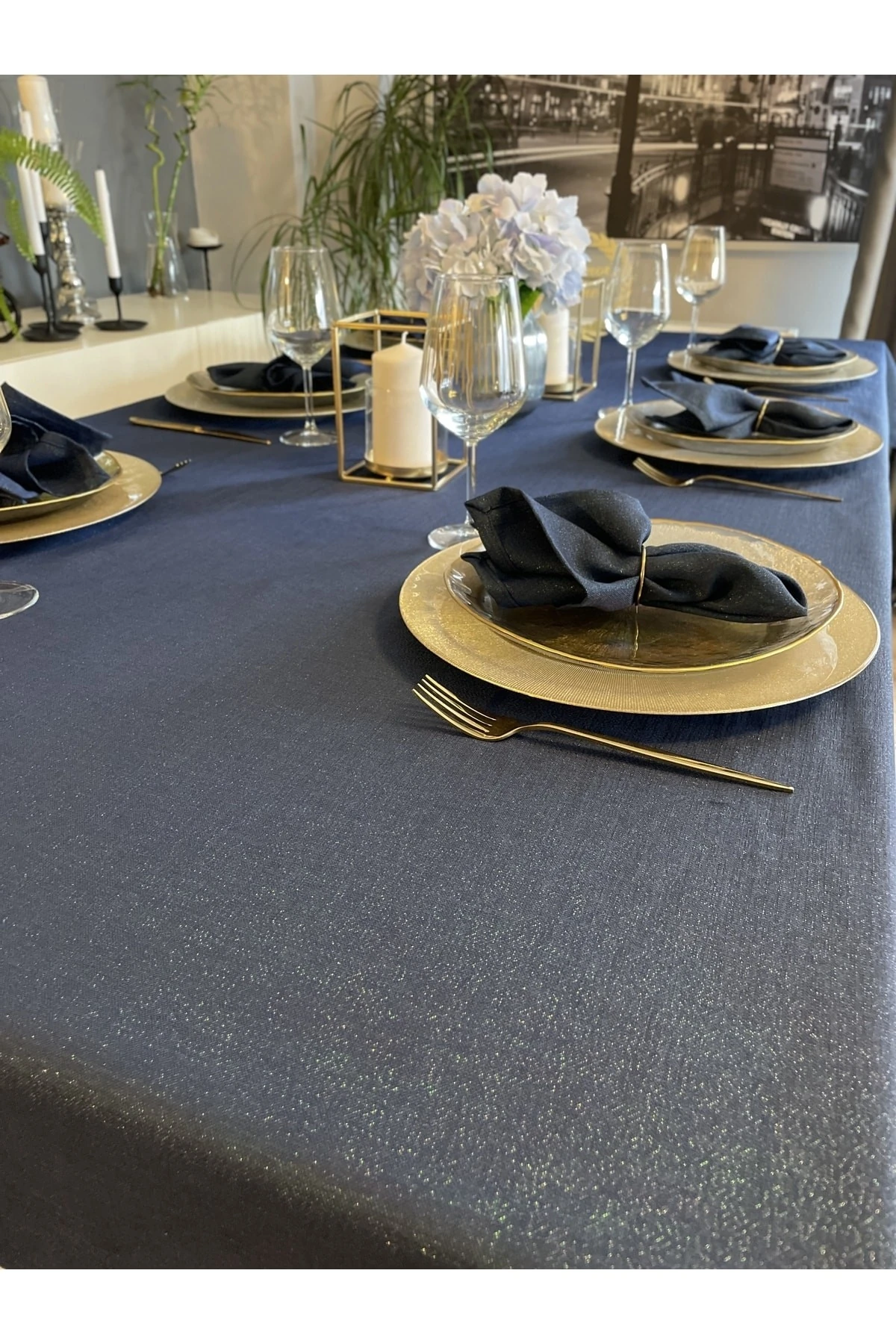 Keten Dokulu Simli Masa Örtüsü Düz Model