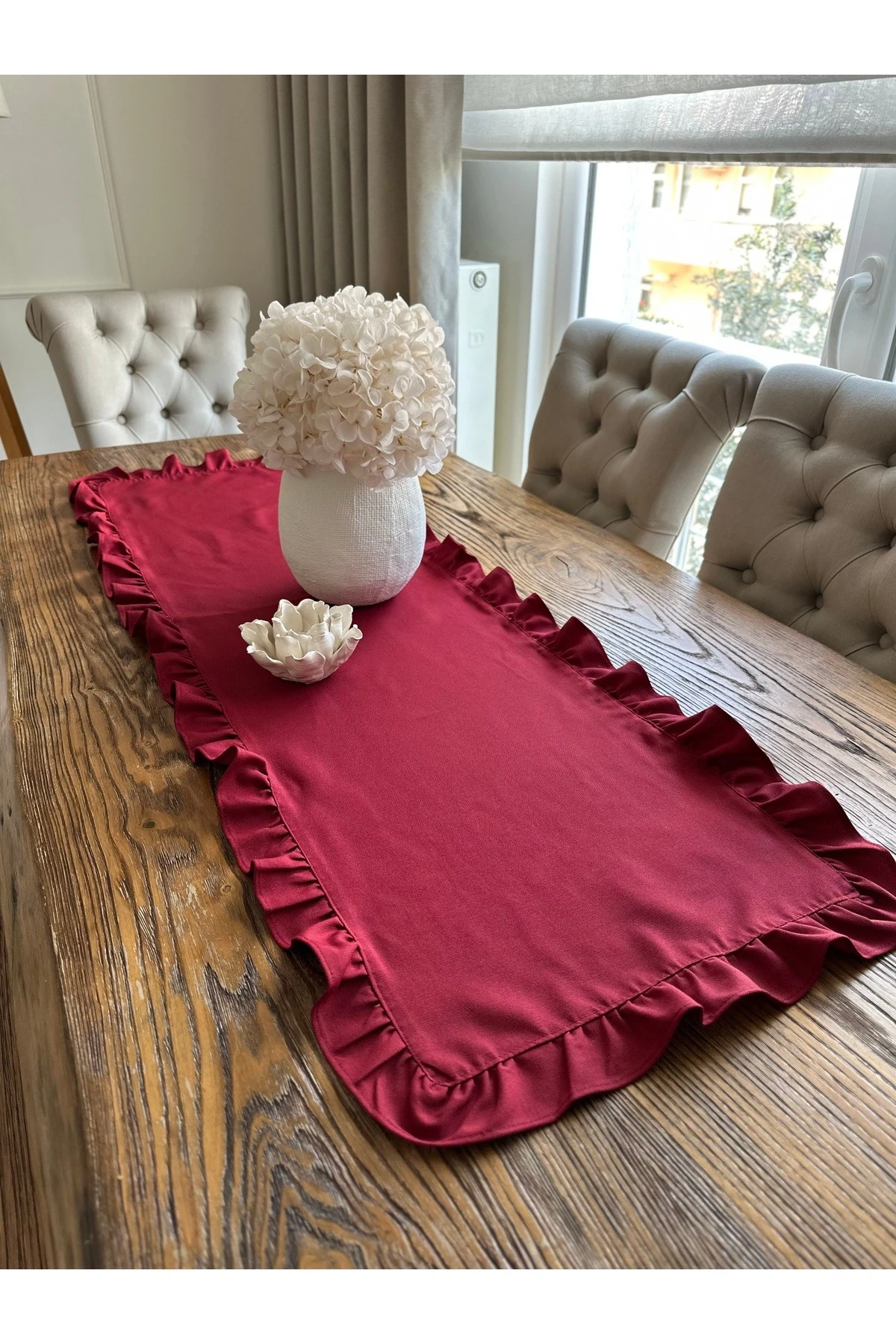 Pamuklu Dertsiz Leke Tutmaz Vintage Tam Fırfırlı Bordo Runner