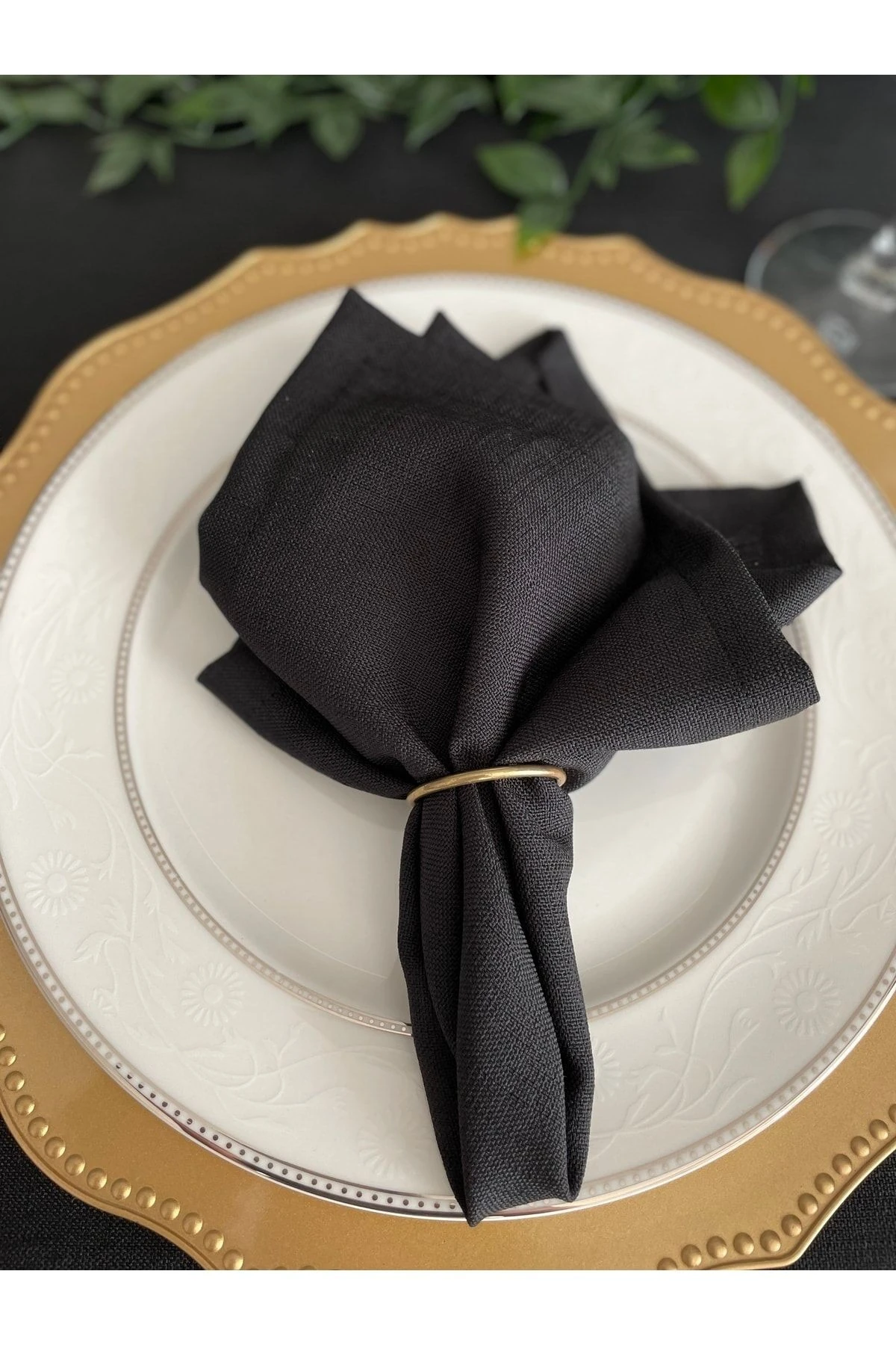 Keten Dokulu Siyah Peçete 6 Adet