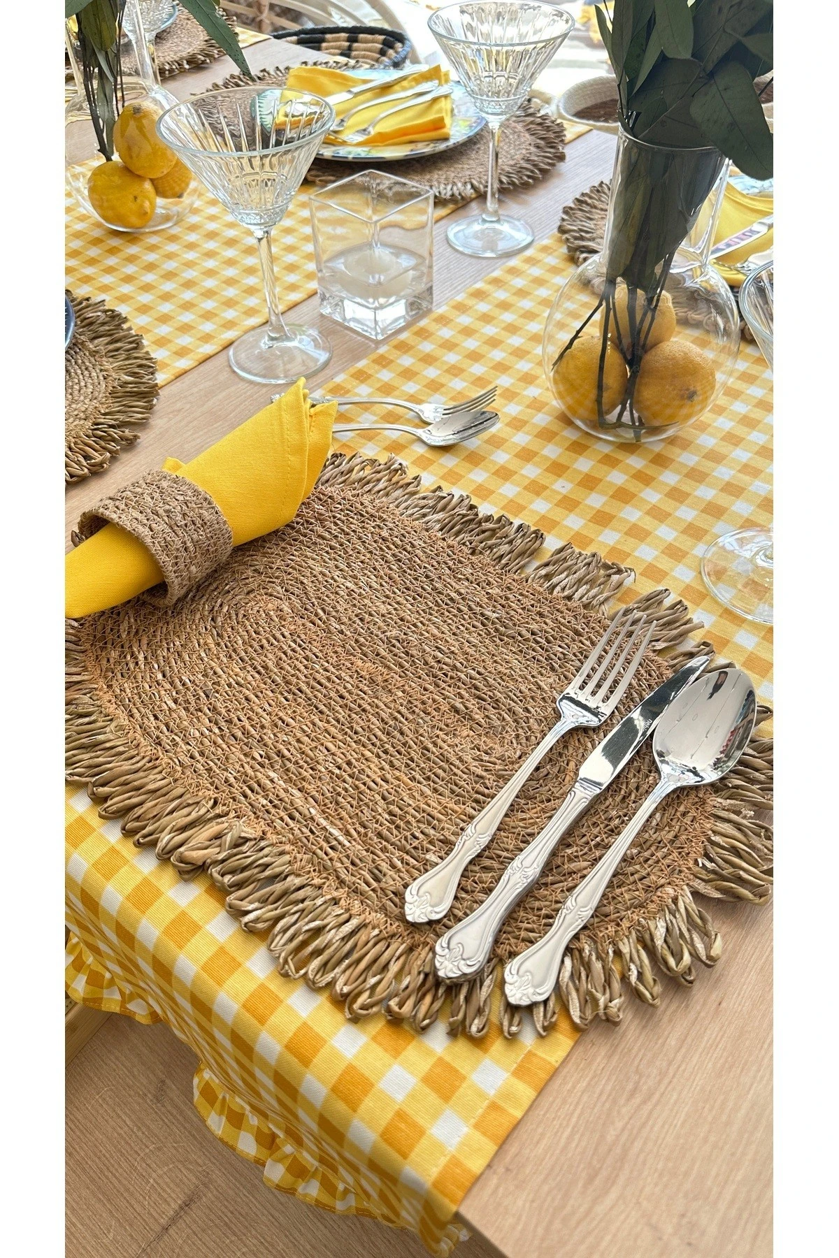 6 ad Set Oval Fırfırlı Hasır Supla ve 6 ad Hasır Peçete Yüzüğü