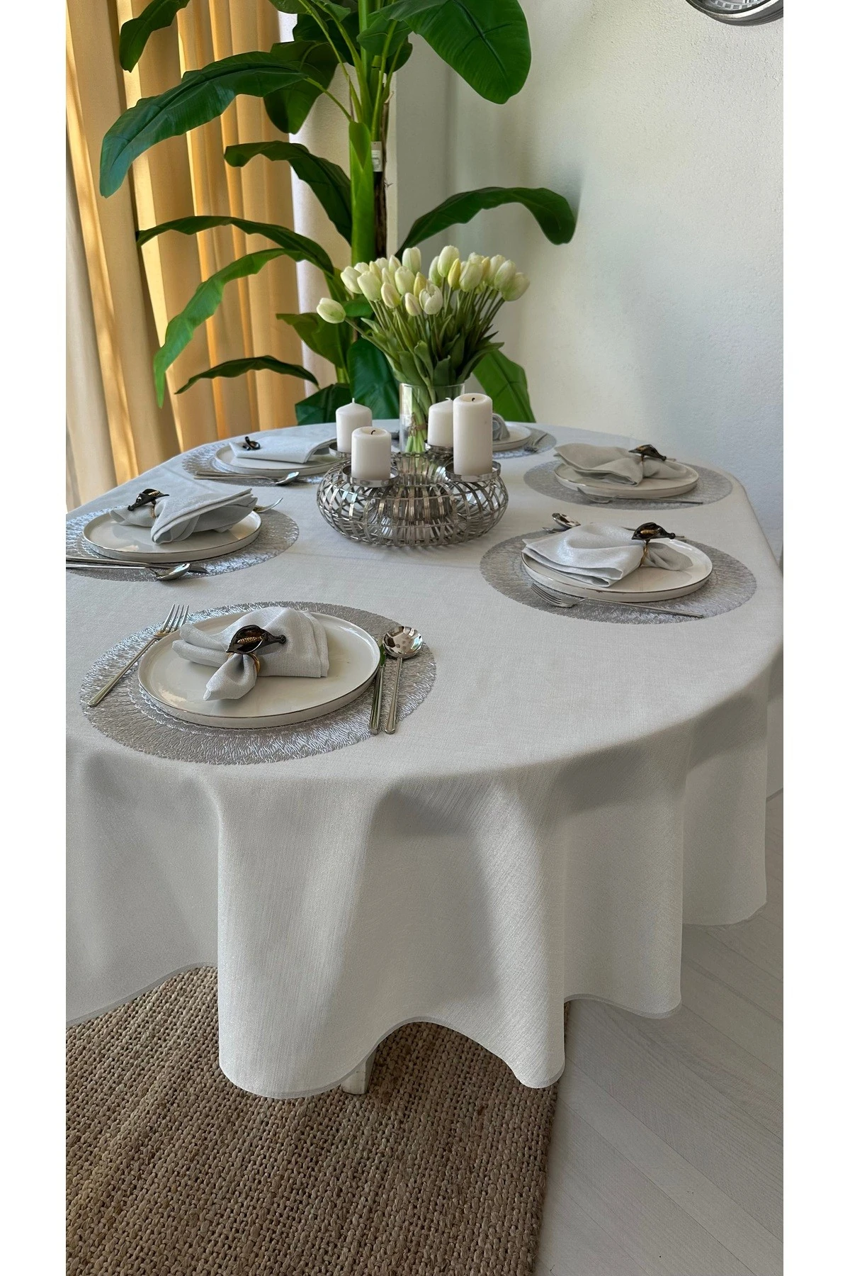 Keten Doku Simli, Simsiz Oval Masa Örtüsü - 5