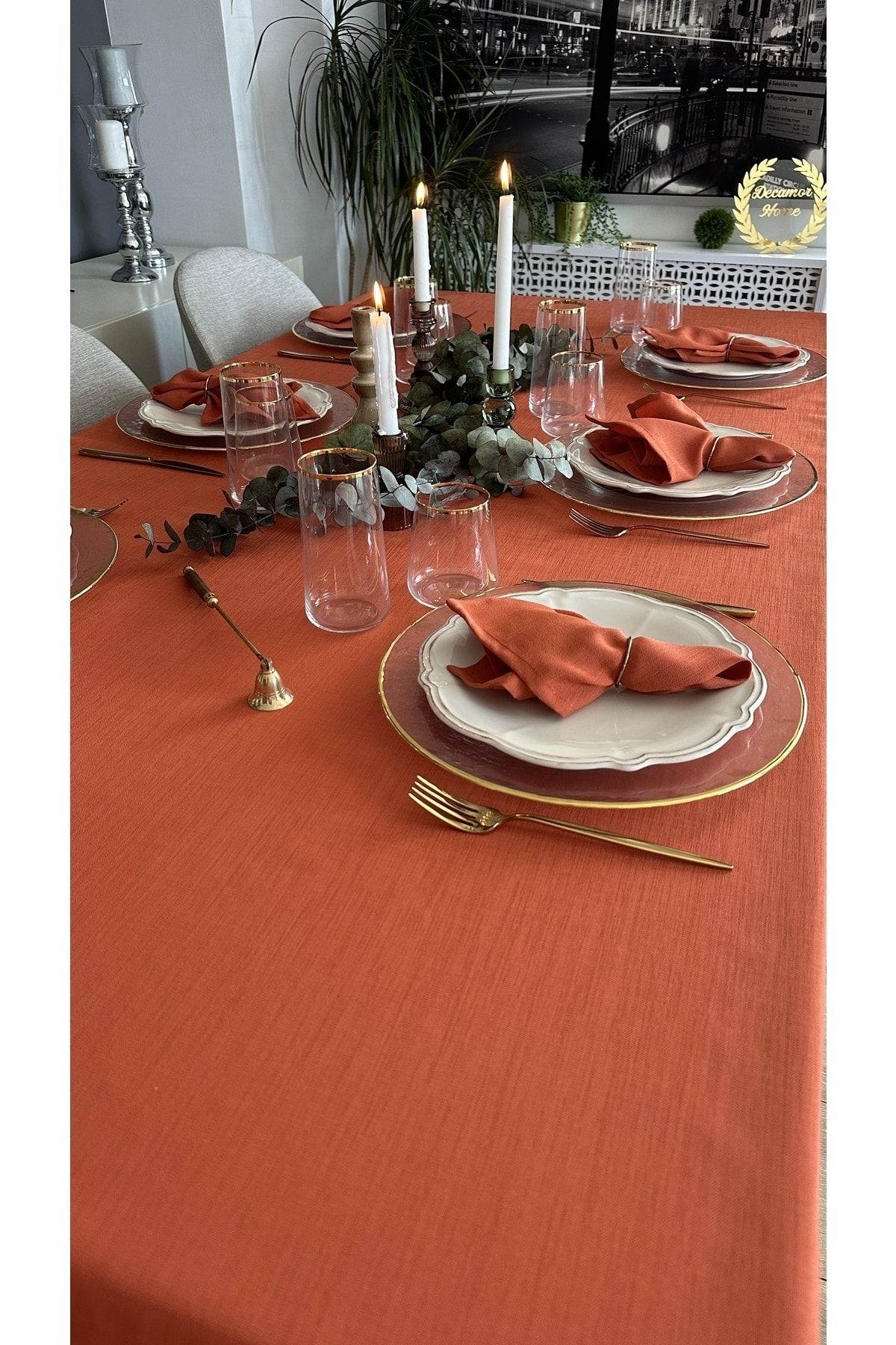 Keten Dokulu Dertsiz Kiremit Yanık Turuncu Tarçın Masa Örtüsü
