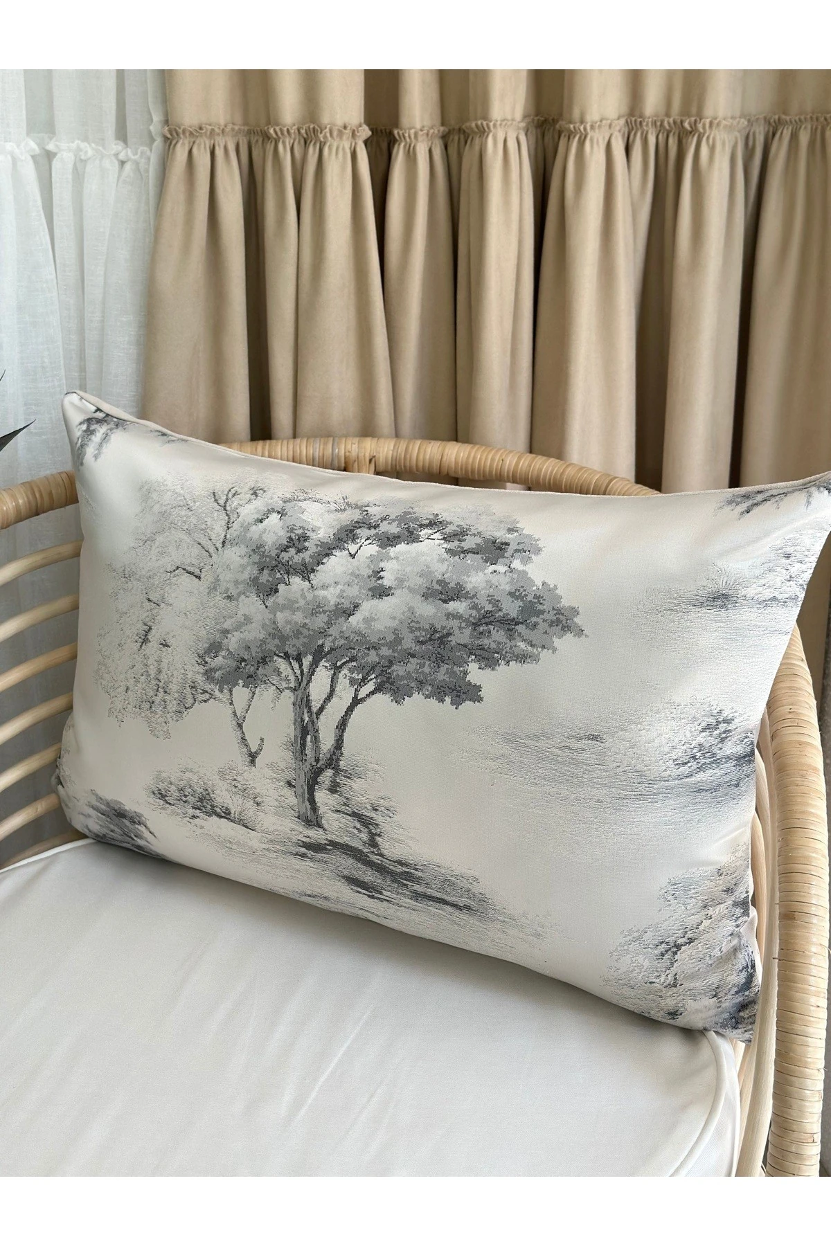 Modern Dokuma Kımaş Salon Platin Gri Ağaç Desenli Salon Kırlent Kılıfı