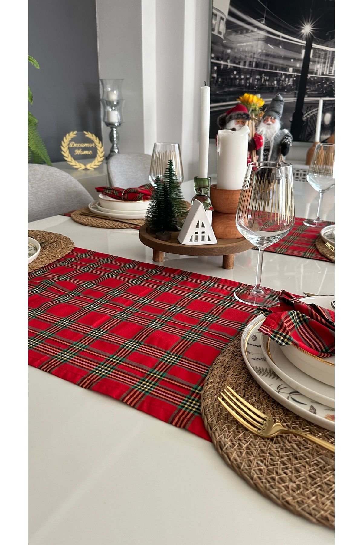 Ekose Desen Pamuklu Kısa Runner Yeni Yıl Runner