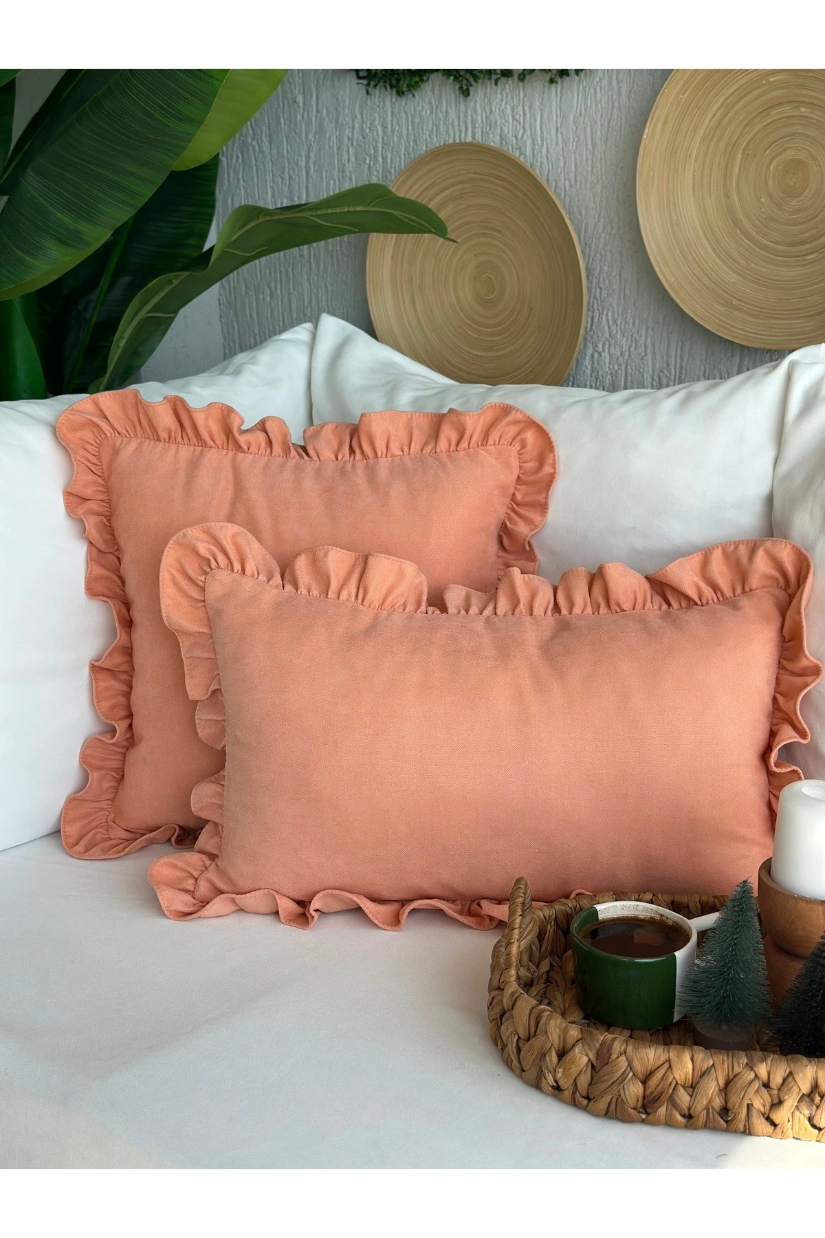 Somon Rengi Vintage Fırfırlı Kırlent Kılıfı 1 Ad