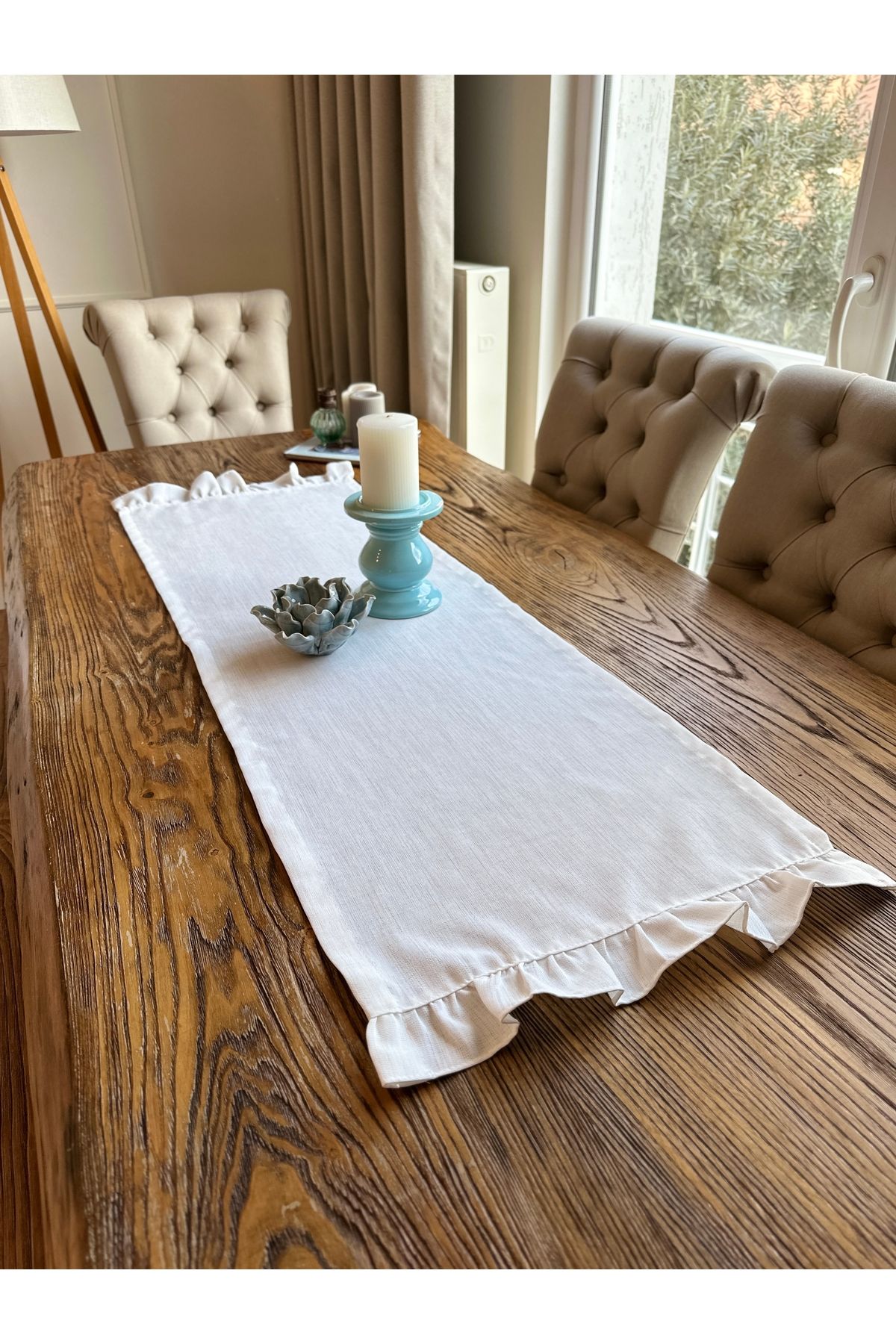 Keten Dokulu Dertsiz Beyaz Fırfırlı Runner