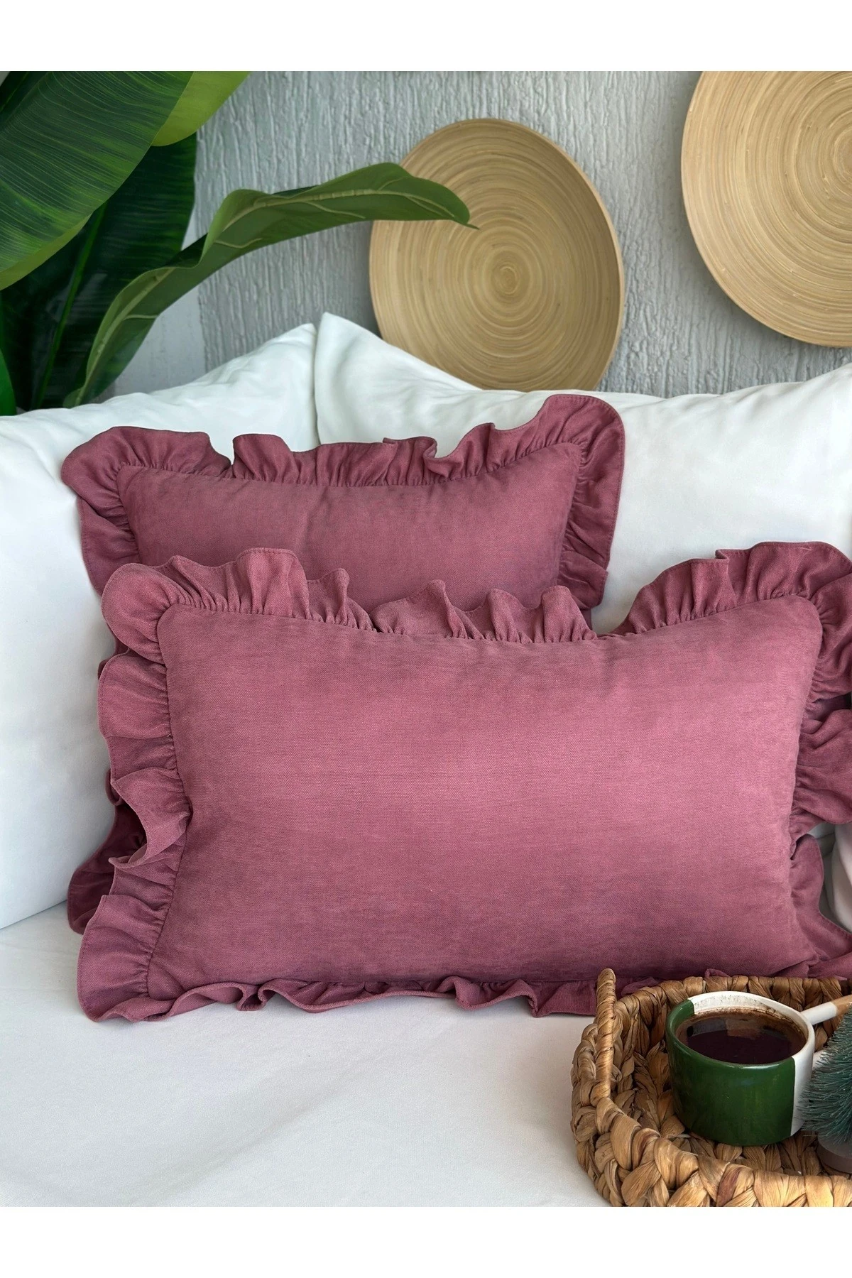 Kadife Doku Vintage Fırfırlı Gül Kurusu Renk Kırlent Kılıfı