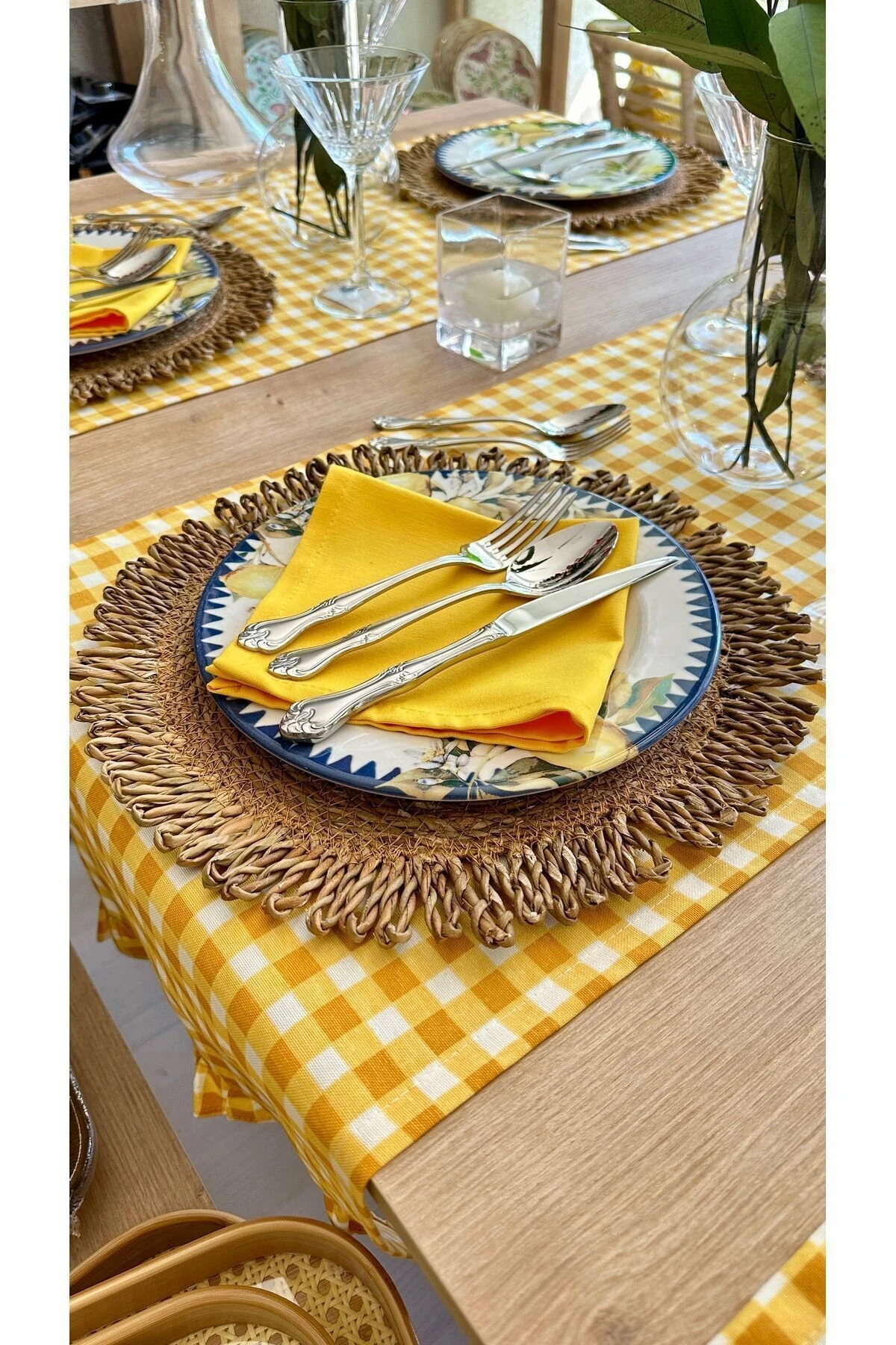 6 ad Set Oval Fırfırlı Hasır Supla ve 6 ad Hasır Peçete Yüzüğü - Kahverengi