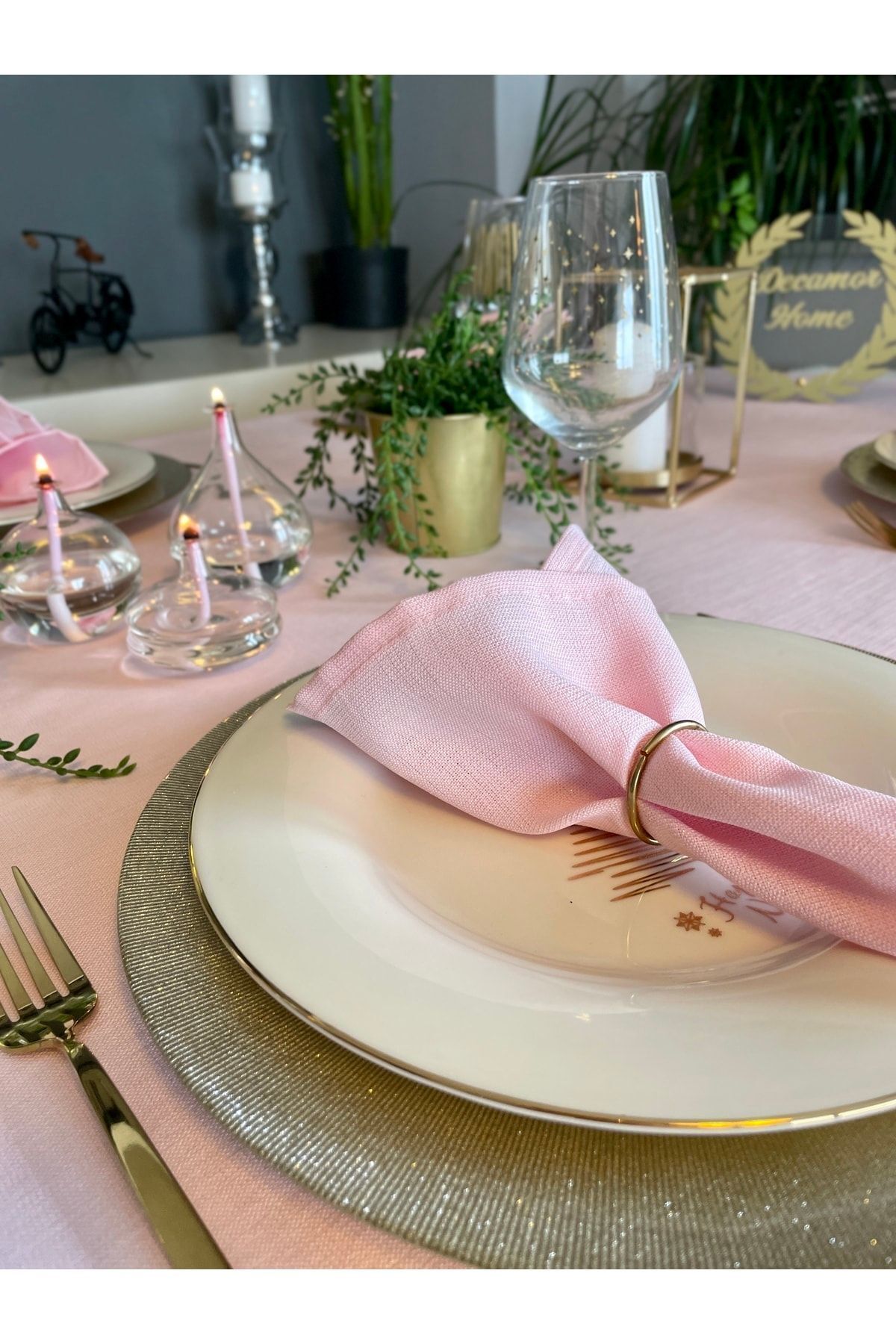 Keten Dokulu Simli Şeker Pembe Peçete 6 Adet