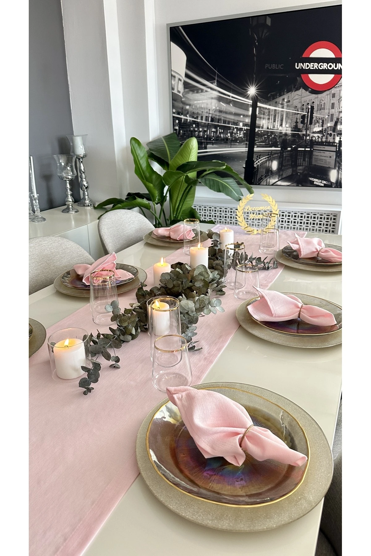 Keten Dokulu Simli Şeker Pembe Runner