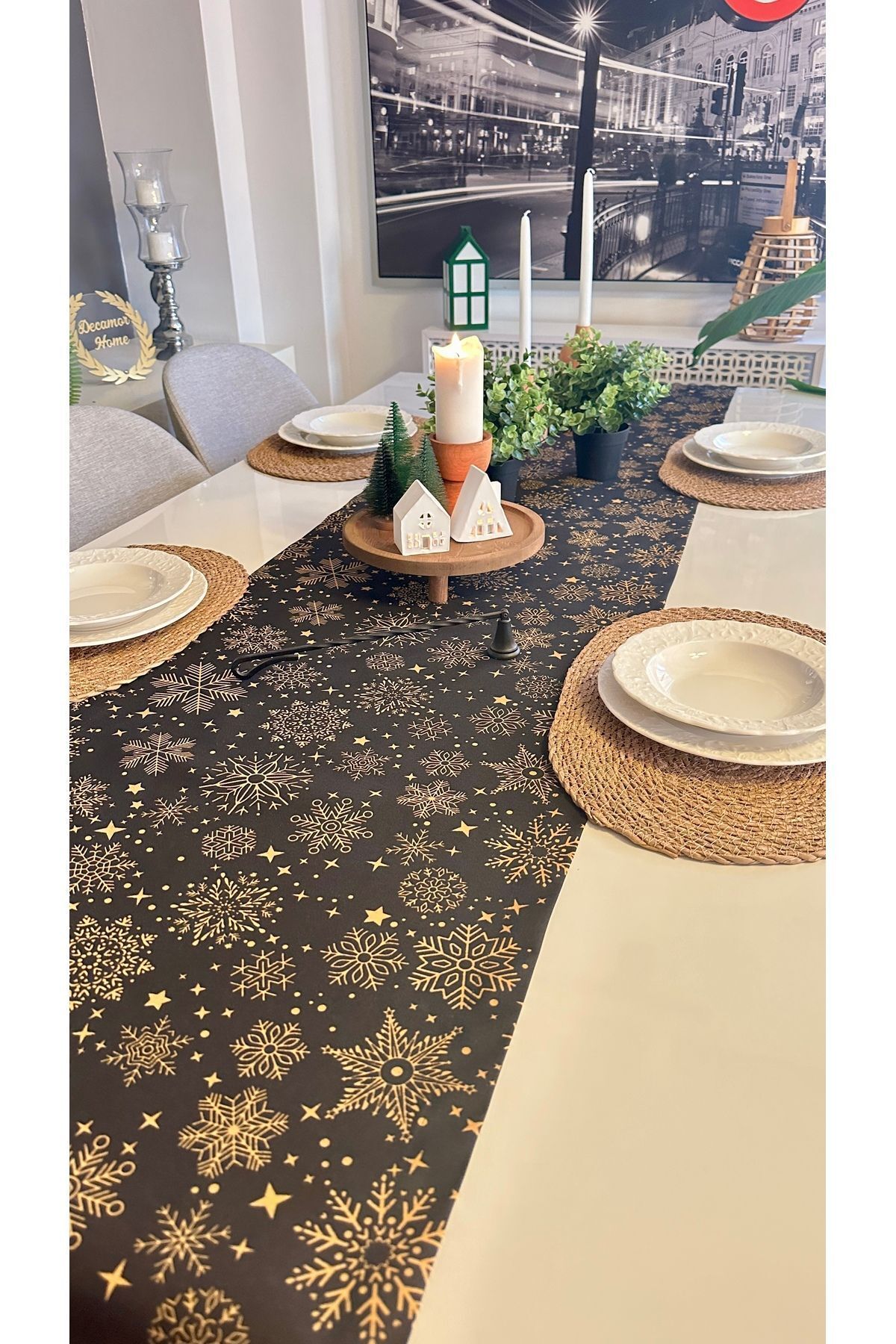 Yeni Yıl Temalı Siyah Runner Yılbaşı Masası Yılbaşı Runner