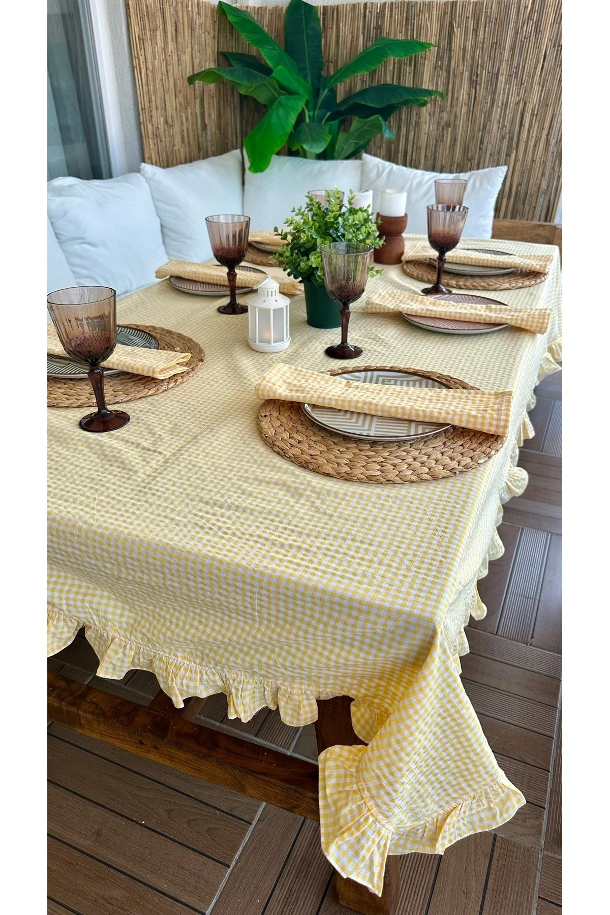Thin Keten Sarı Pötikare Fırfırlı Masa Örtüsü