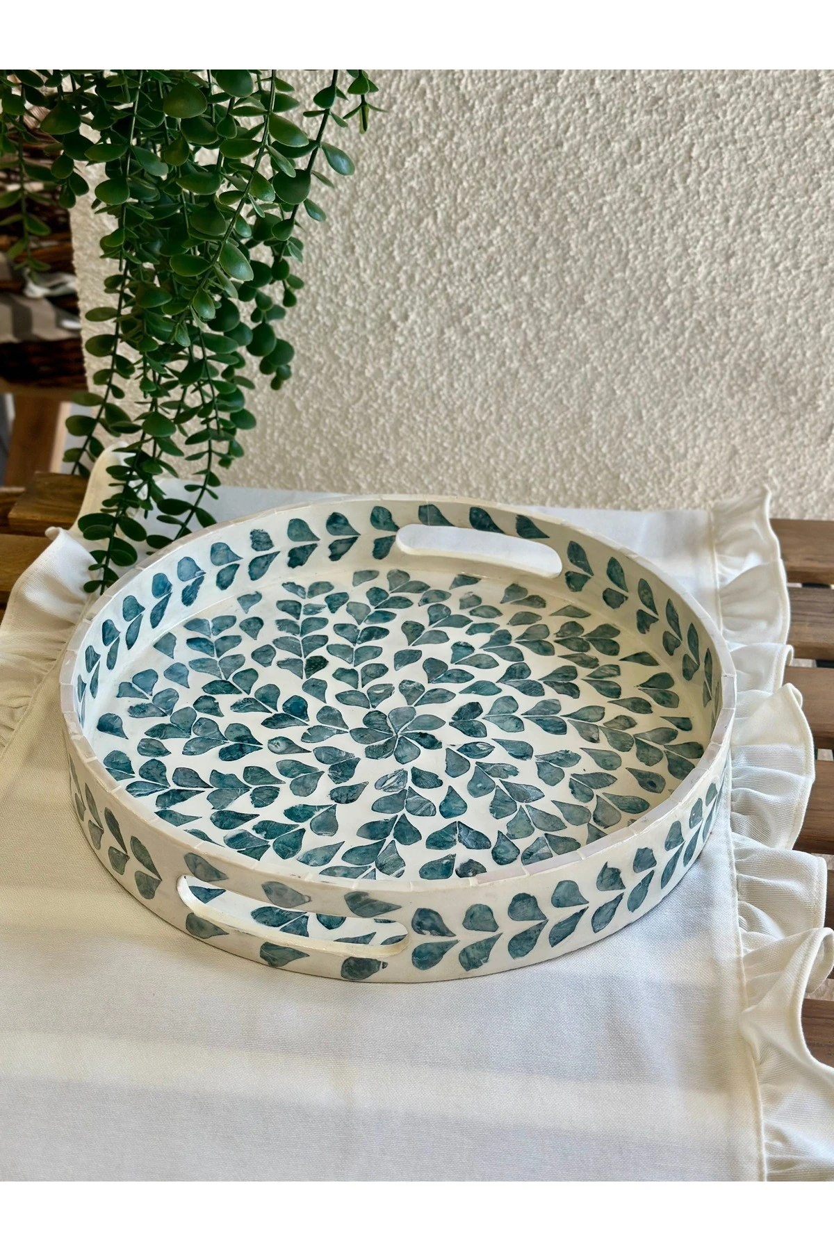 Sedefli Taş Detaylı El Yapımı İndigo Mavi Detaylı Tepsi Büyük Boy