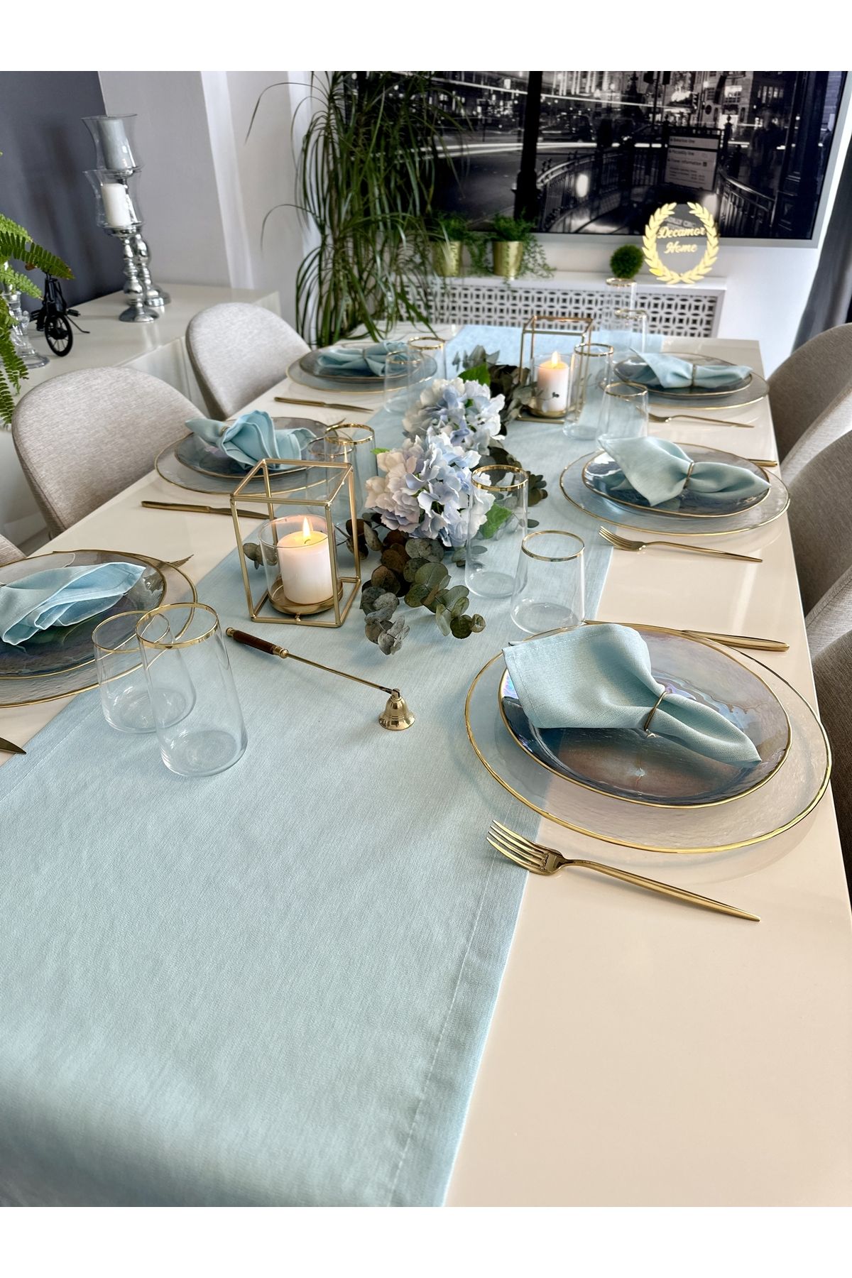 Keten Dokulu Simli Mint Yeşili Uzun Runner