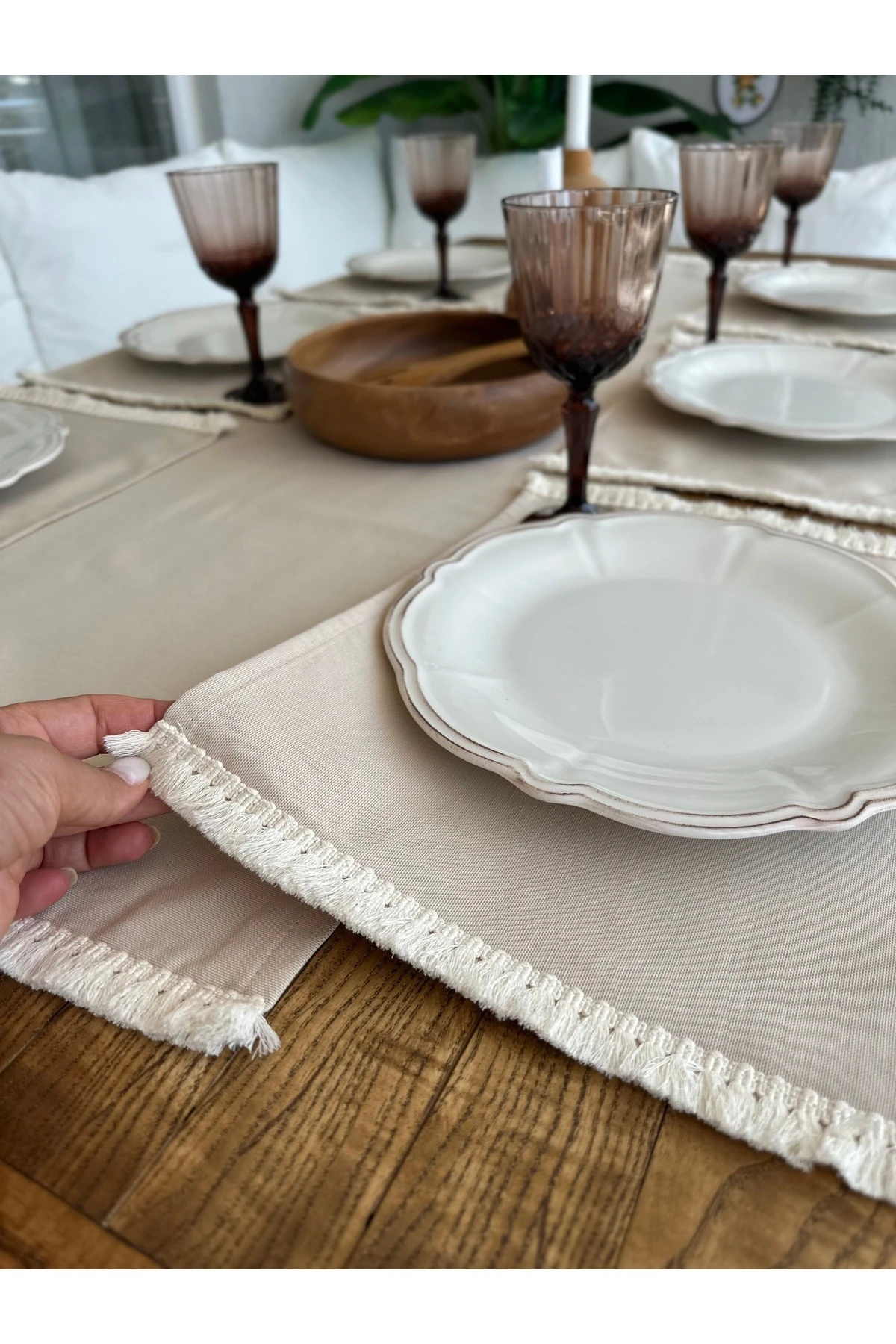 7 parça 6 kişilik Püsküllü Bej Amerikan Set