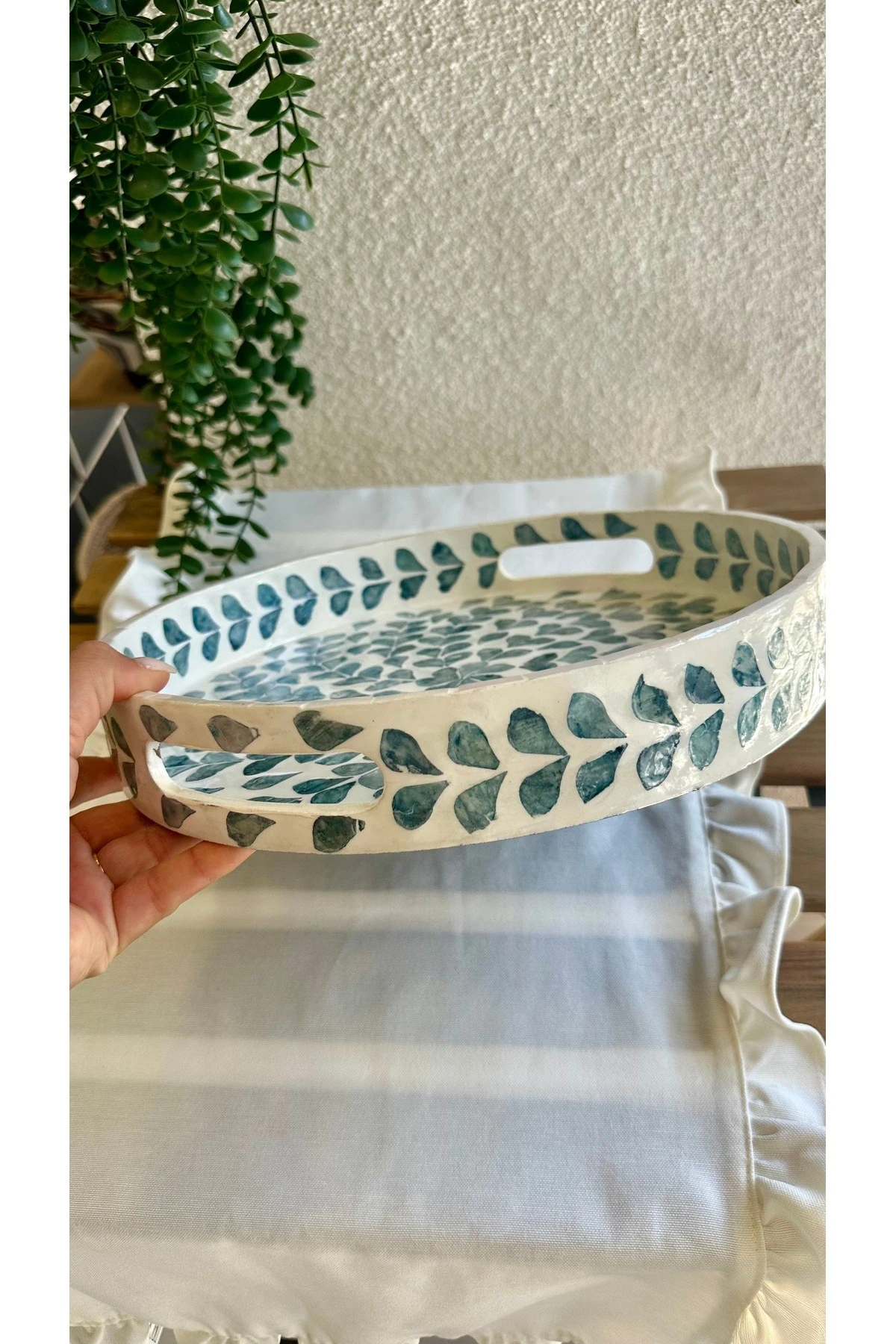 Sedefli Taş Detaylı El Yapımı İndigo Mavi Detaylı Tepsi Büyük Boy