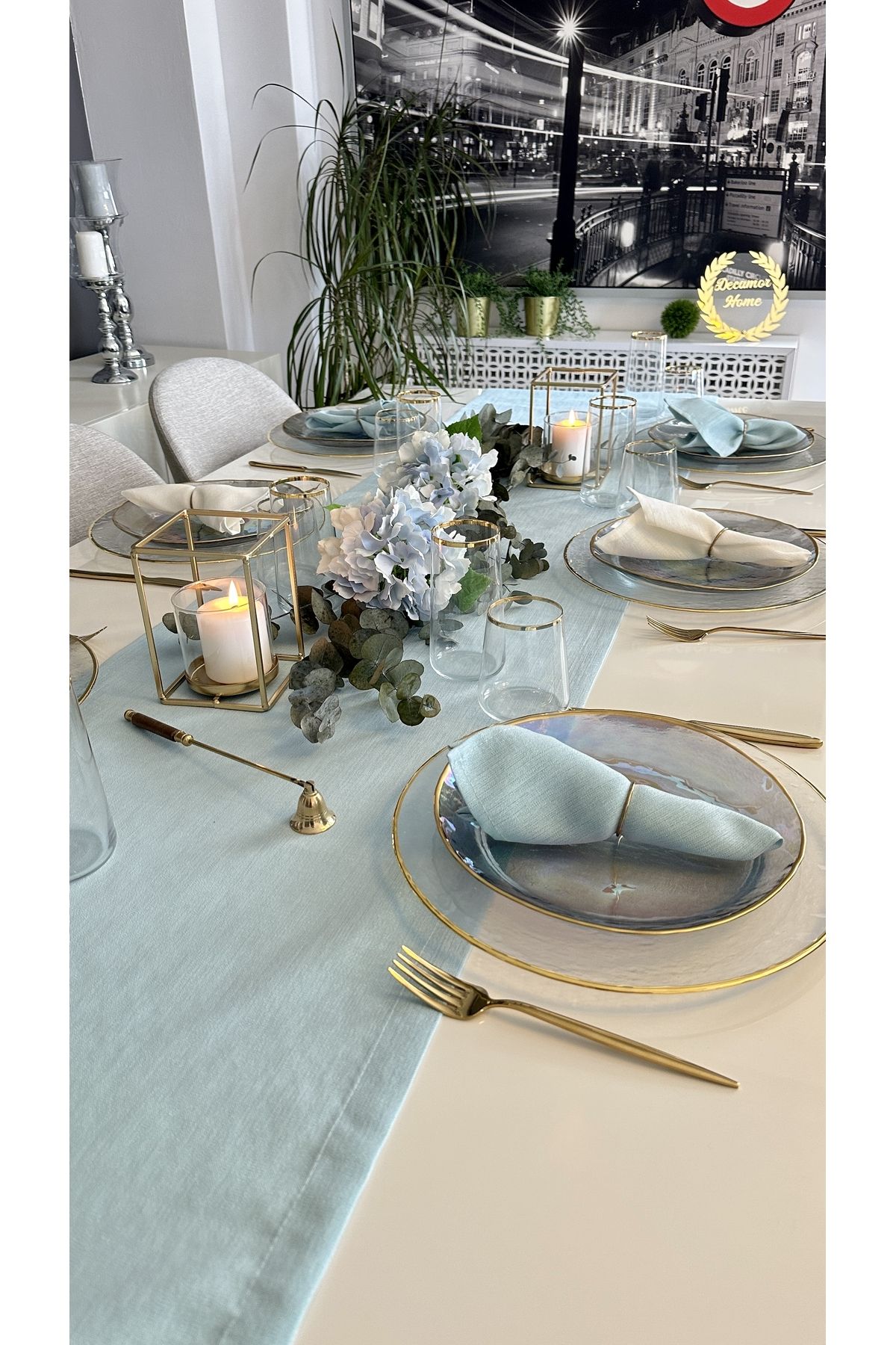 Keten Dokulu Simli Mint Yeşili Uzun Runner