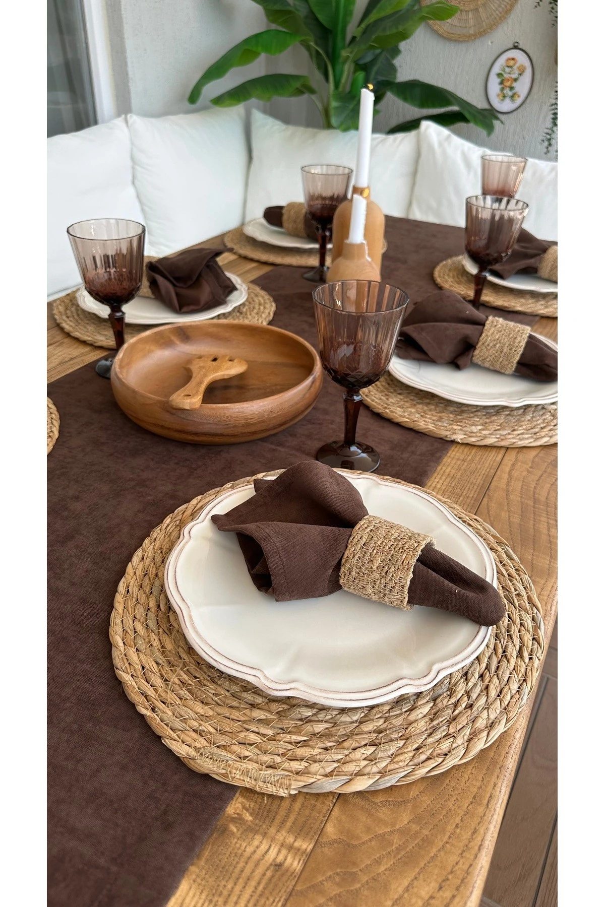 6 Adet Kadife Dokulu Dertsiz Koyu Kahverengi Renk Kumaş Peçete