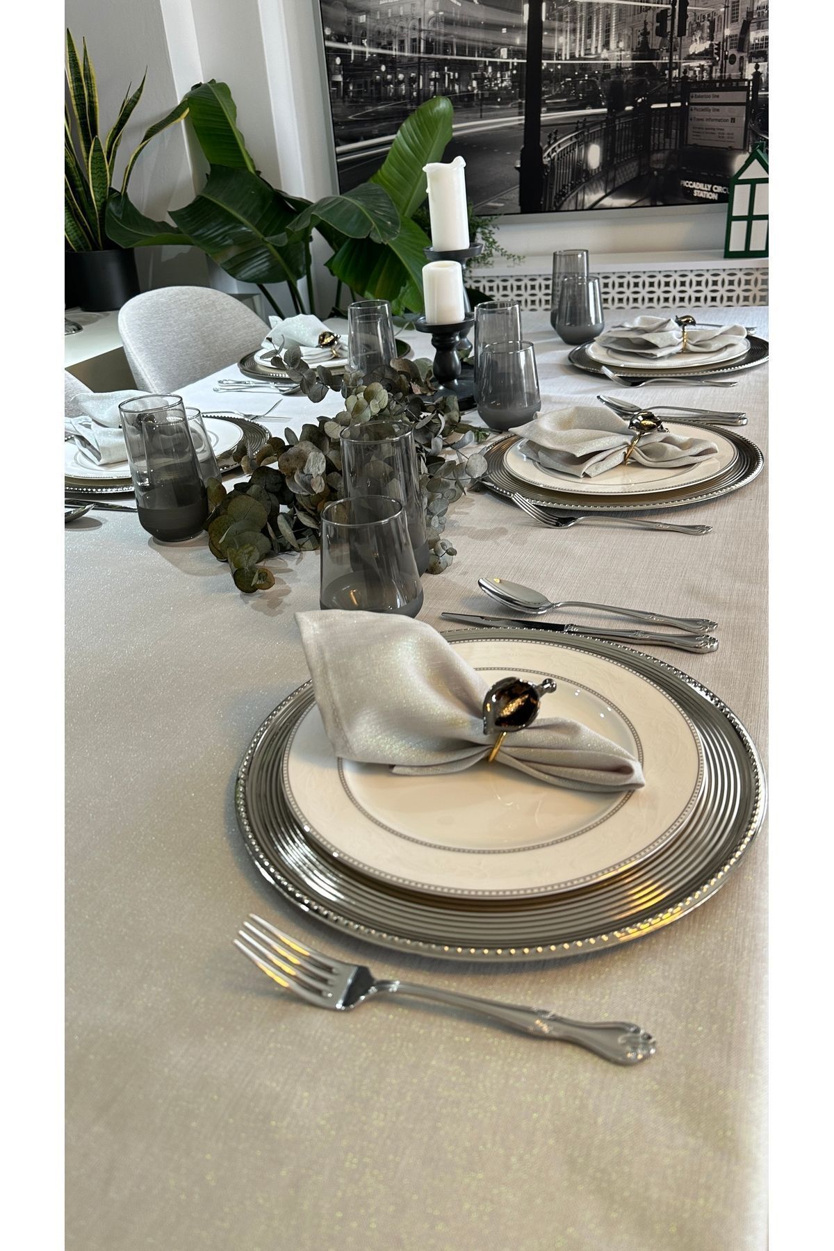 6'lı Keten Dokulu Simli Gri Peçete Kumaş Peçete