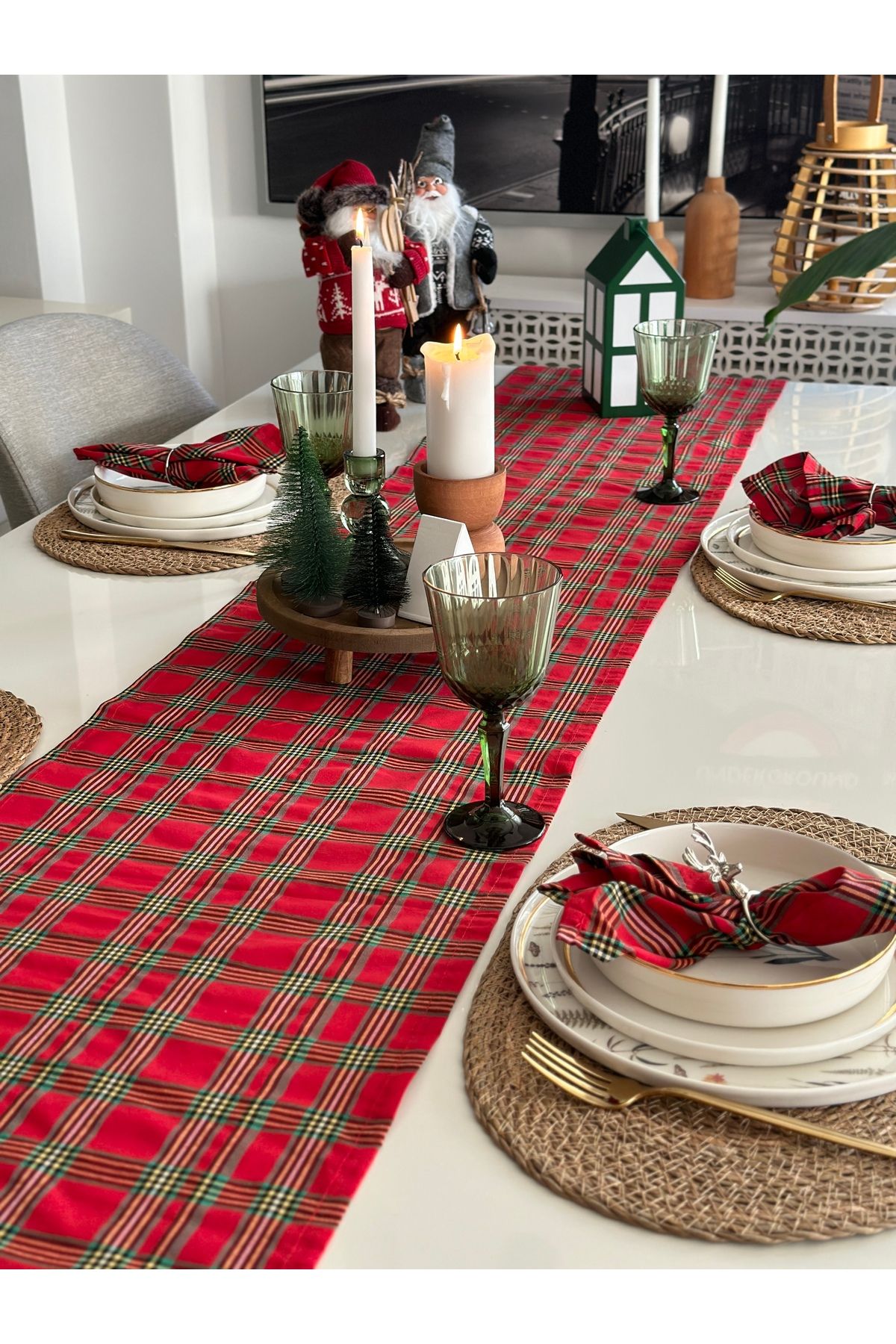 Runner ve Peçete Set Yeni Yıl Temalı Ekose Desen Pamuklu Uzun Runner