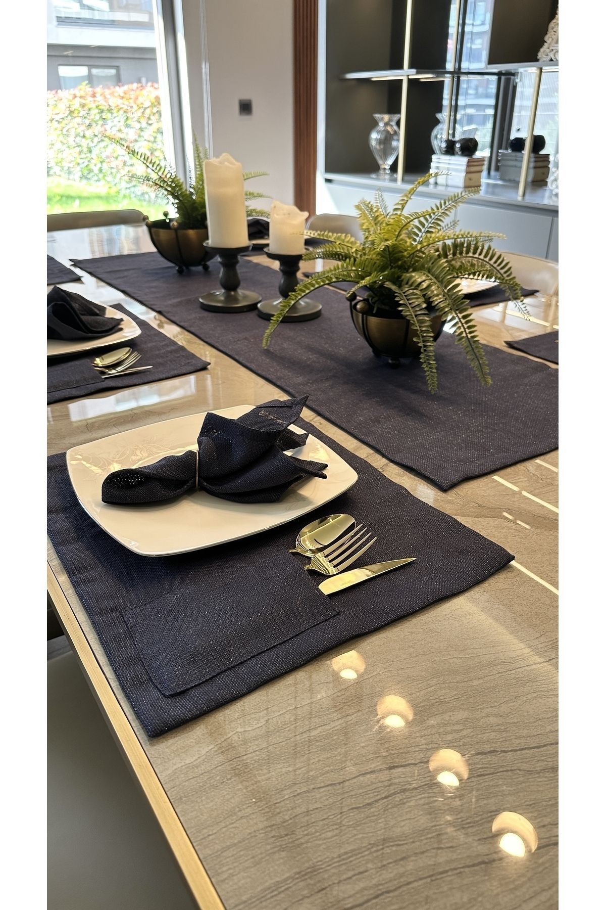 Linen Dertsiz Leke Tutmaz Simli Lacivert Amerikan Runner Set Kaşıklıklı Amerikan Servis