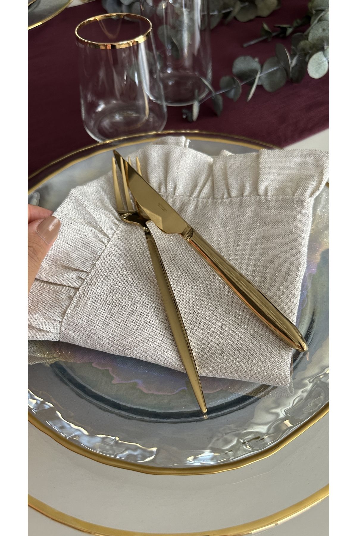 Fırfırlı Gold Simli Ekru Peçete Özel Tasarım Peçete 6 adet