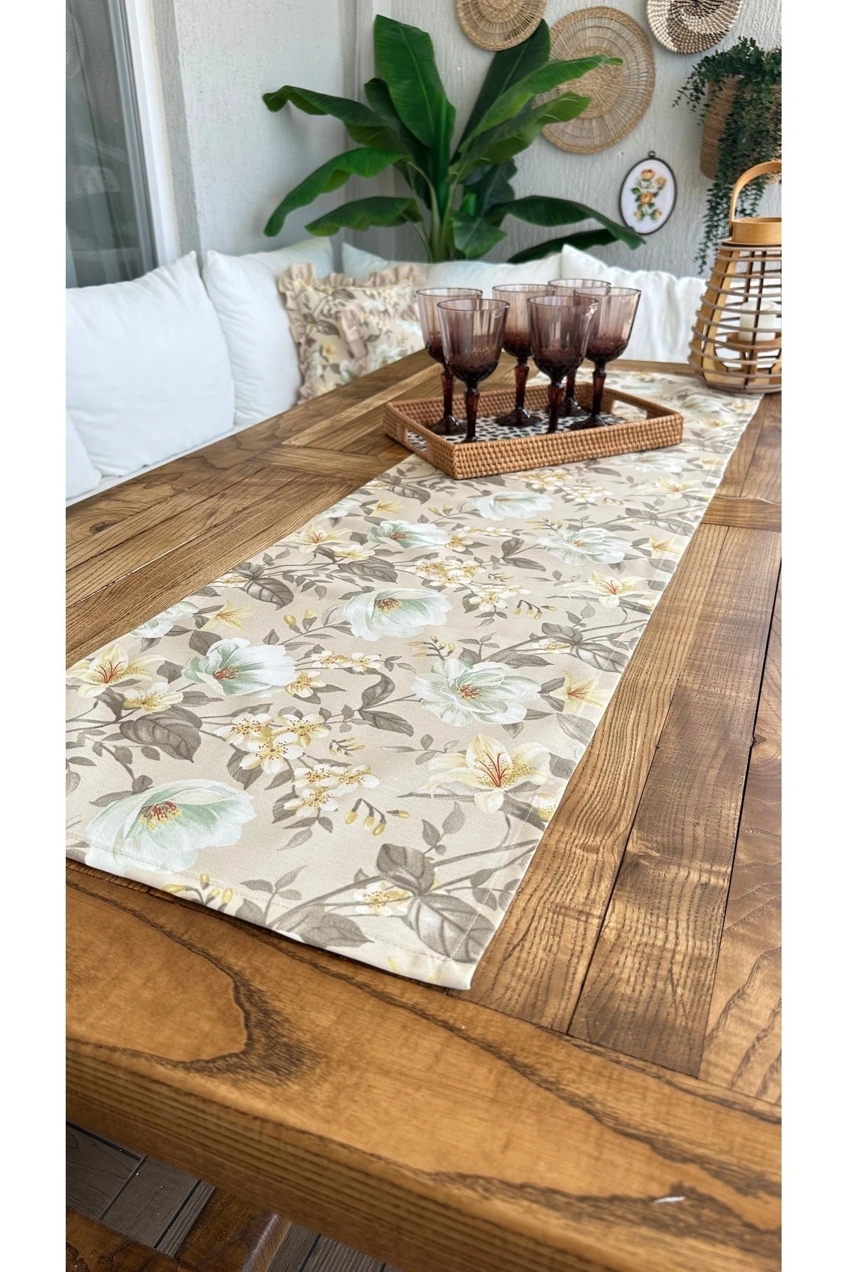 Çiçek Desenli Keten Dokulu Leke Tutmaz Runner 4
