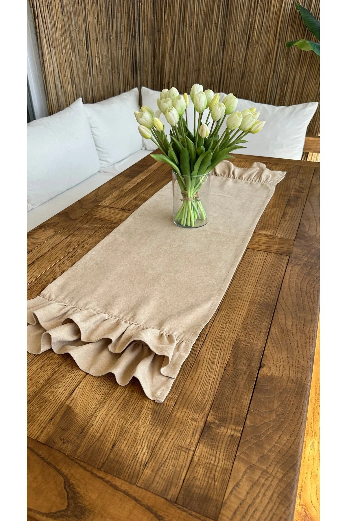 Vintage Kadife Dokulu Dertsiz Çift Kat Fırfırlı Bej Runner