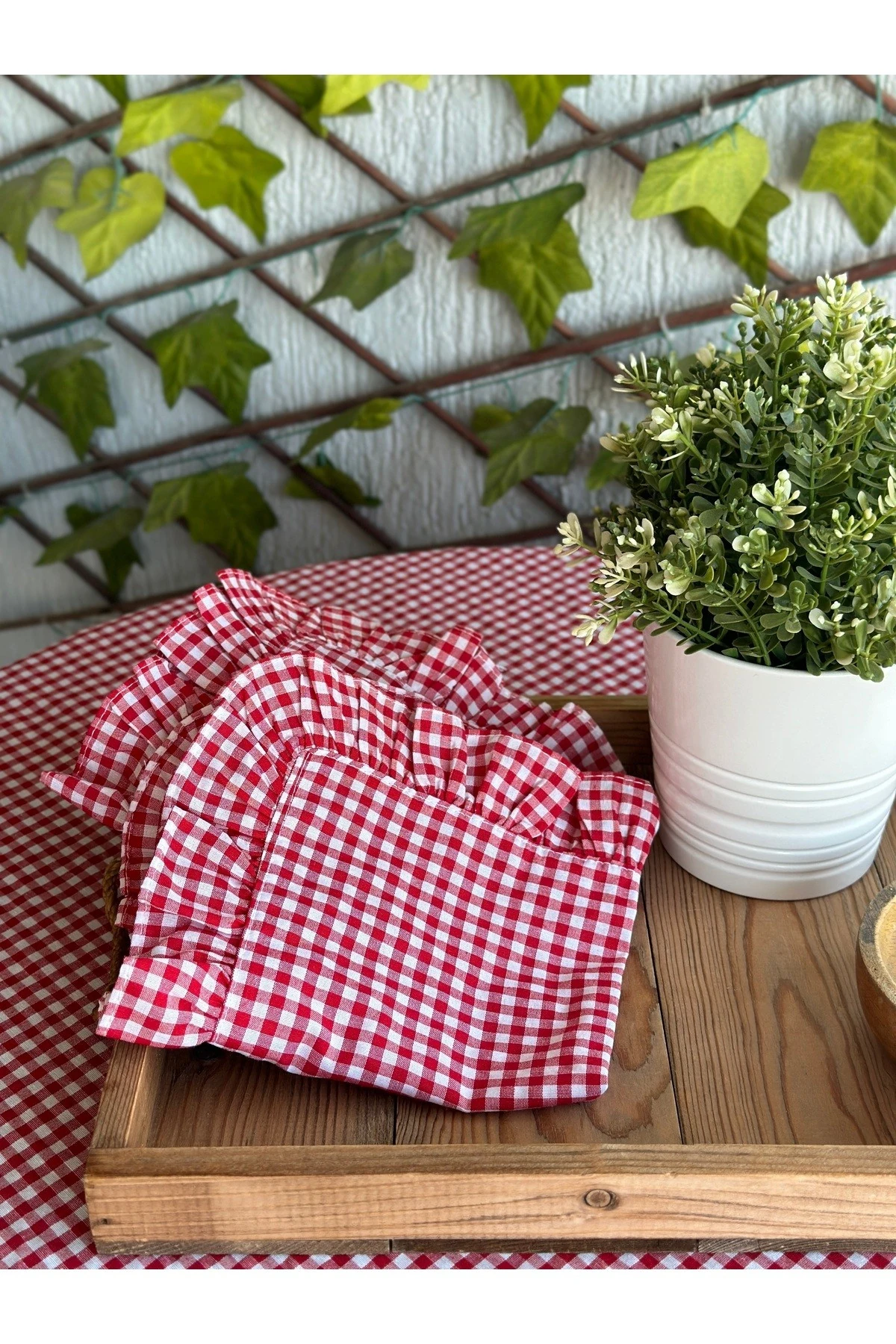 Thin Keten Kumaş 2’li Kırmızı Mini Pötikare Fırfırlı Peçete