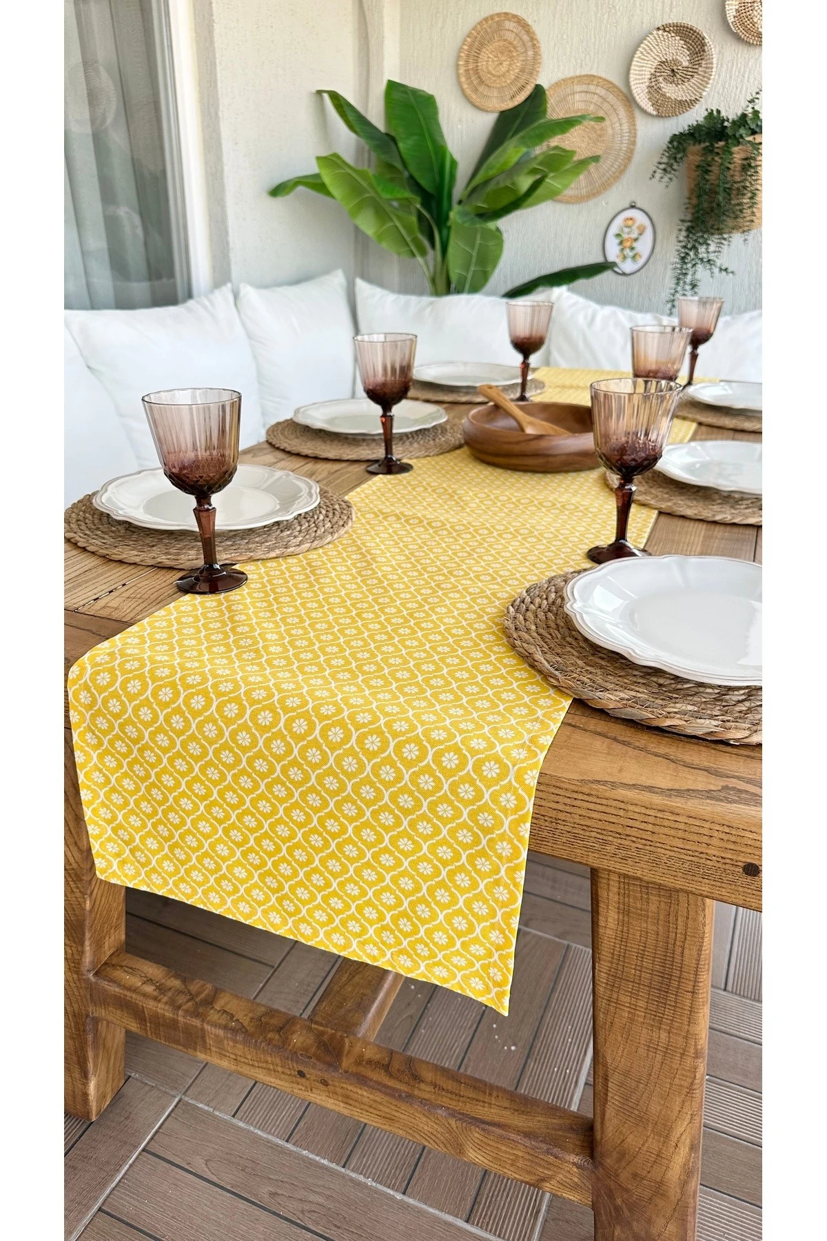 Sarı Papatya Desenli Leke Tutmaz, Sıvı Geçirmez Runner