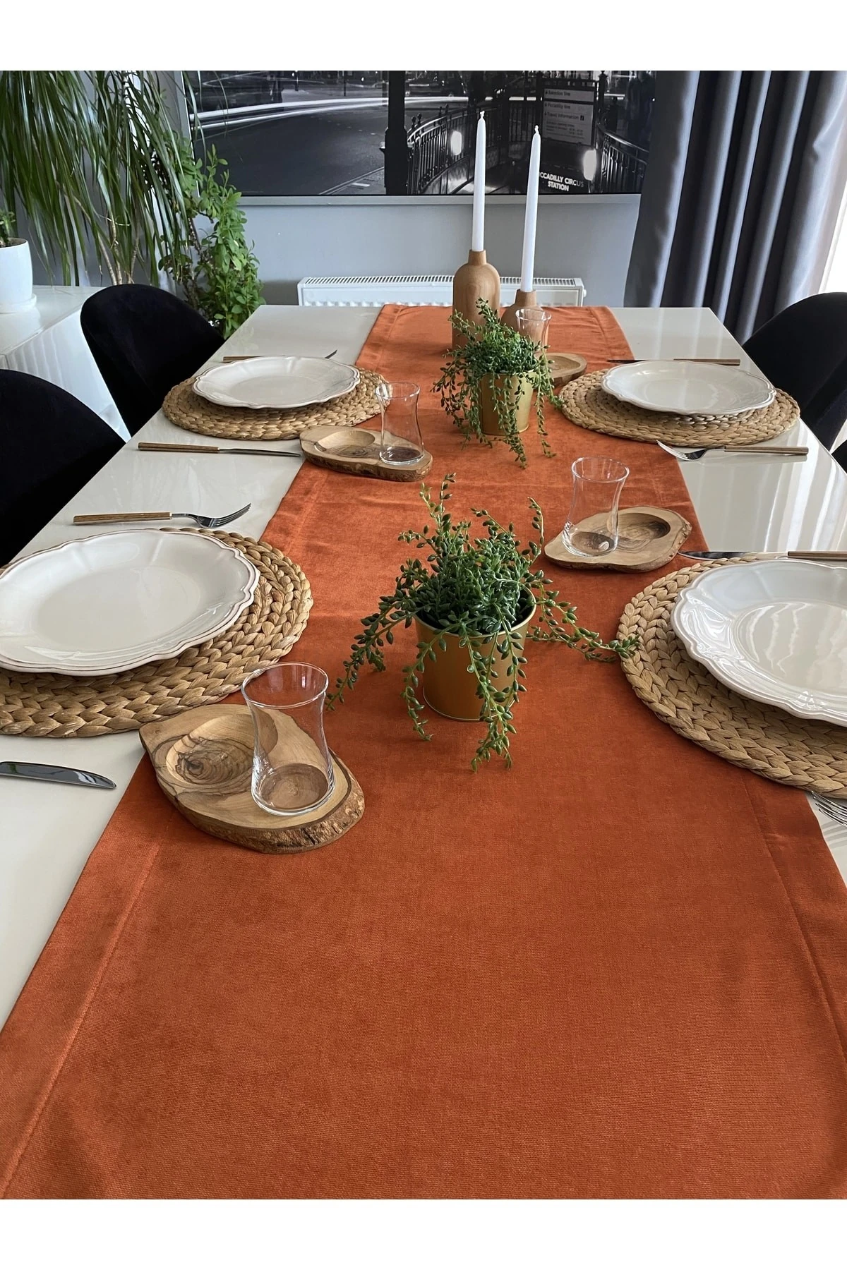 Kadife Dokulu Kiremit Tarçın Uzun Runner