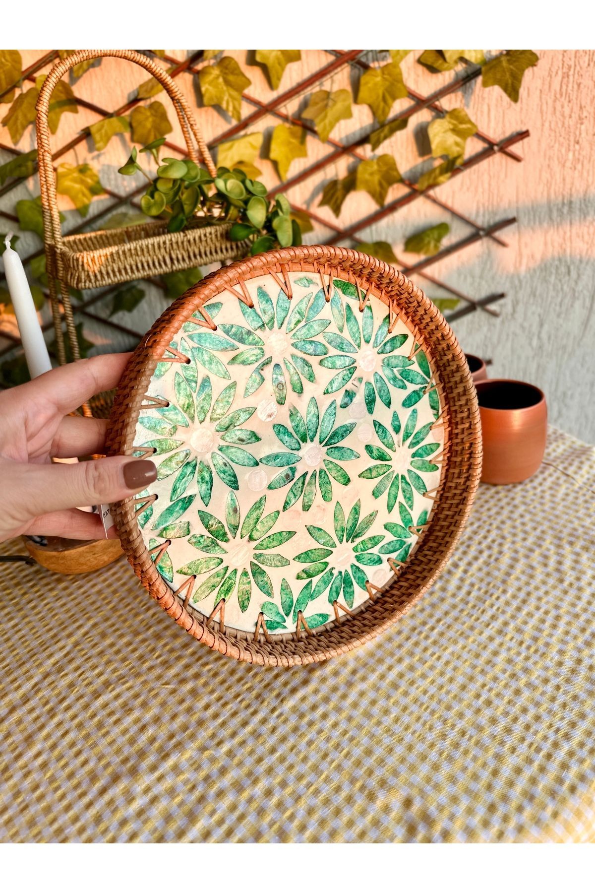 Sedefli Rattan Yeşil Yuvarlak Tepsi Büyük Boy
