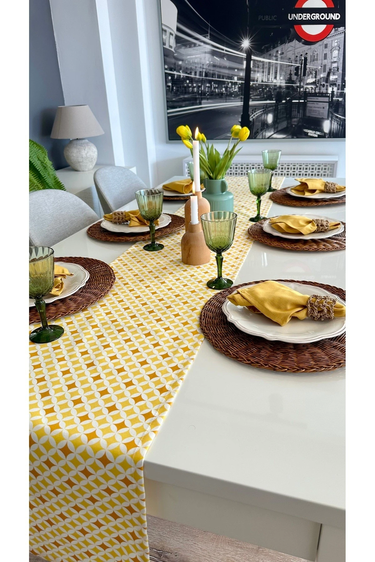 Keten Doku Leke Tutmaz Desenli Runner