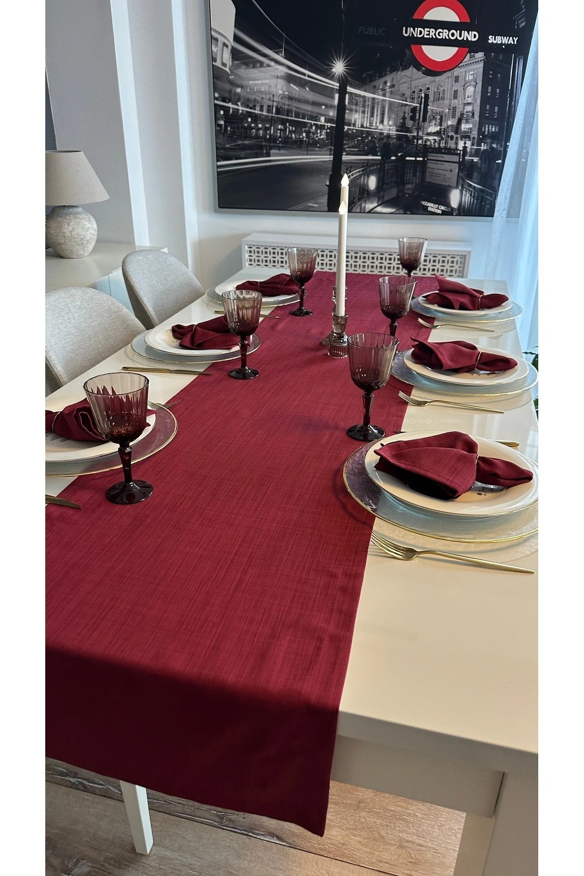 Keten Dokulu Şarabi Bordo Runner Dertsiz Kumaş