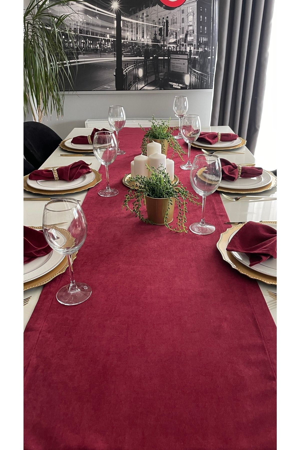 Kadife Dokulu Dertsiz Uzun Bordo Runner