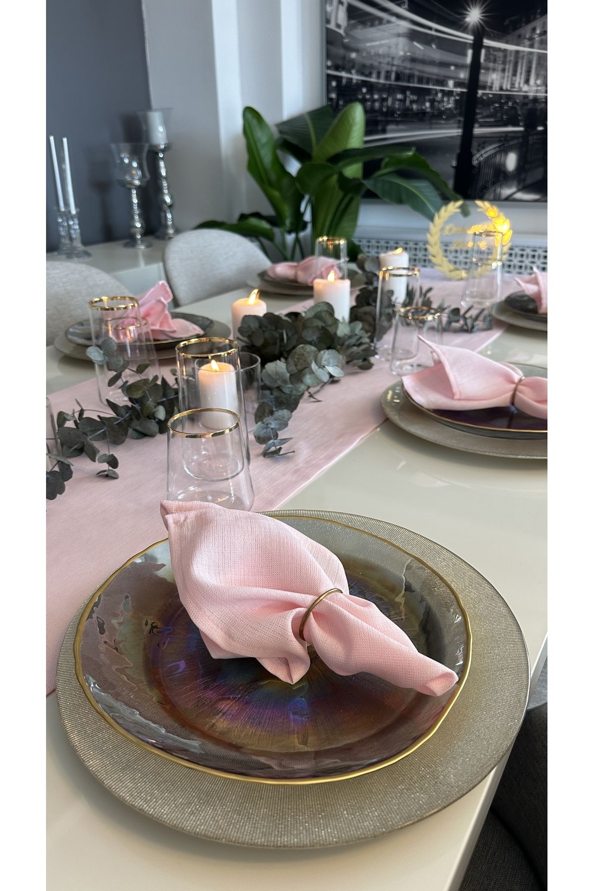 Dertsiz Simli Şeker Pembe Keten Dokulu Runner