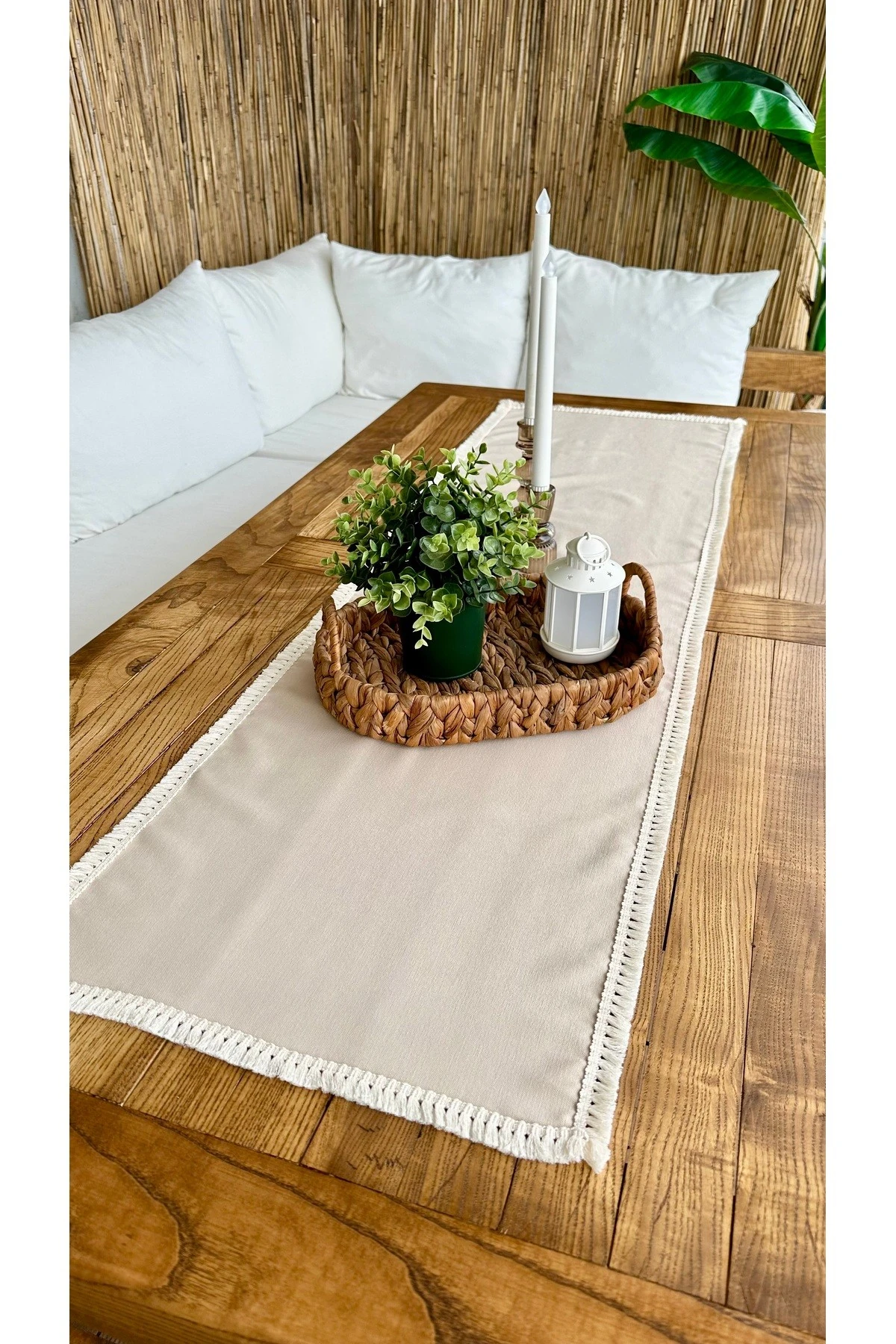 Püskül Detaylı Bej Runner 40 x 130 cm Leke Tutmaz Kumaş - Bej