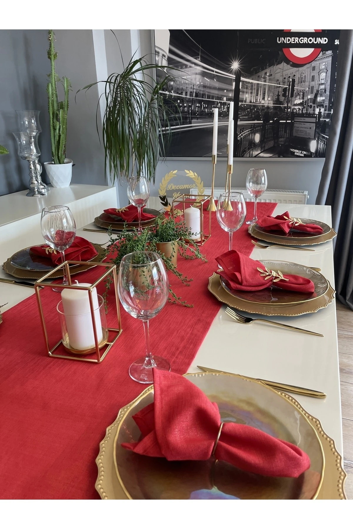 Keten Dokulu Simli Kırmızı Runner Yılbaşı Runner